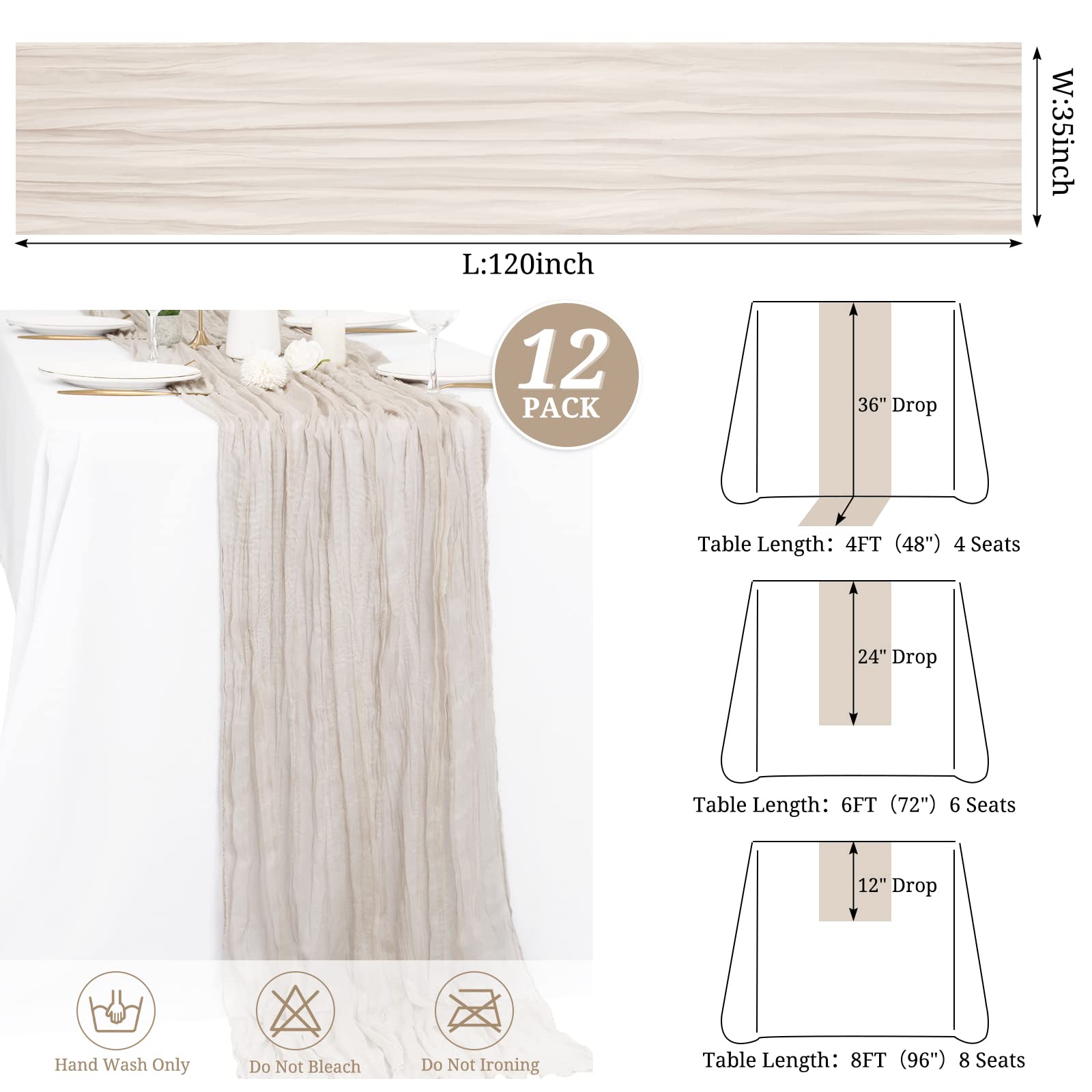 12 Pack Cheesecloth Table Runner 35X120 Inch 10Ft Rosy Brown Gauze Cheese Cloth Table Runner, Boho Rustic Wedding Table Runner F