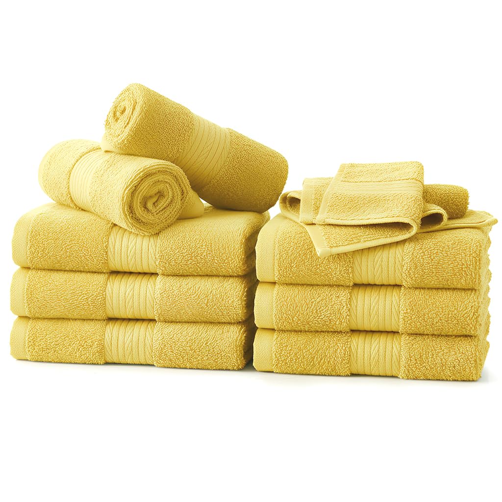Ample Decor Wash Cloths Pack of 10  Oeko Tex Certified 600 GSM 100% Cotton Soft Absorbent  Premium Quality Durable Machine Washable  Ideal for Bathroom  Pool  Hotel  Spa - Yellow