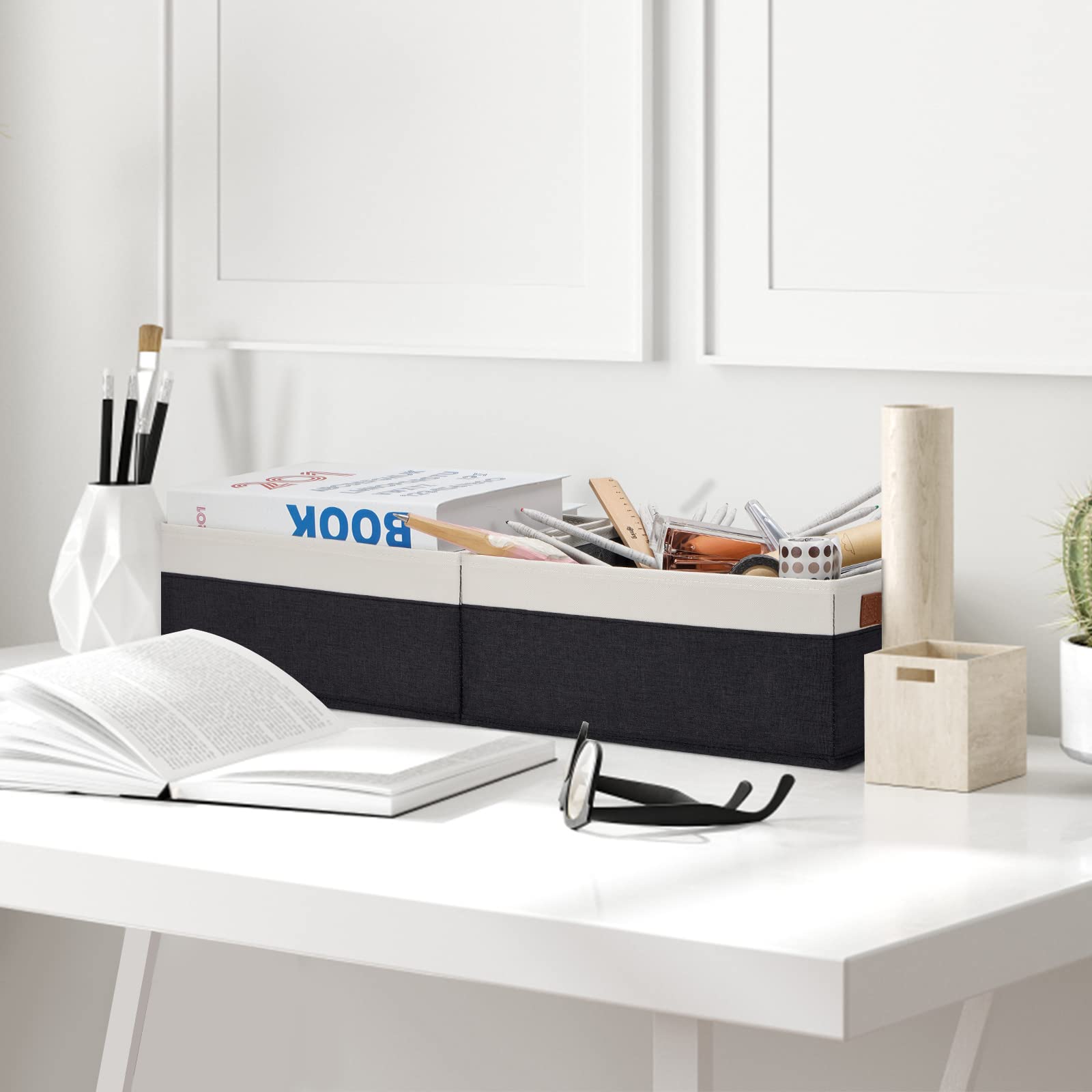 Ghvyennttes Storage Baskets For Organizing, Fabric Storage Bins With Leather H&Les, Foldable Rectangular Storage Baskets For She