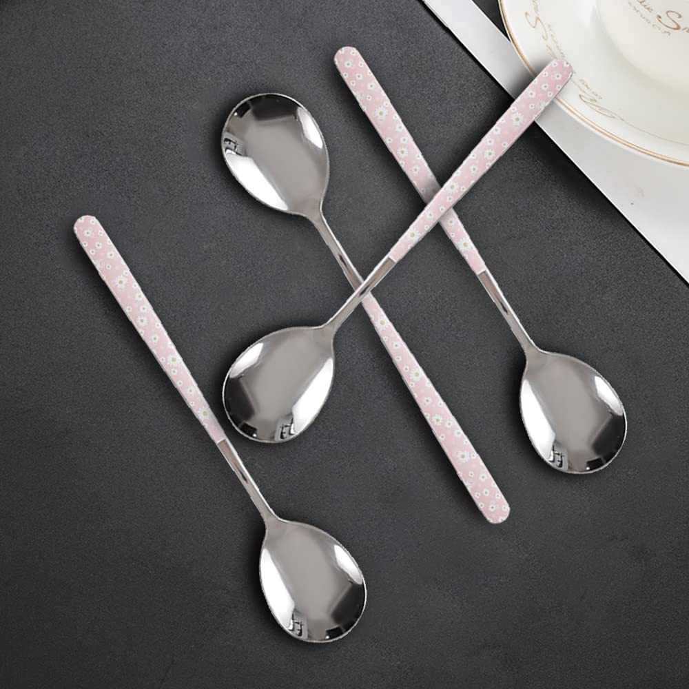 Stainless Steel Soup Spoon,Korean Dessert Spoon,Pink Daisy Mixed Color Spoon For Home, Kitchen Or Restaurant, Set Of 4 Pink Dais