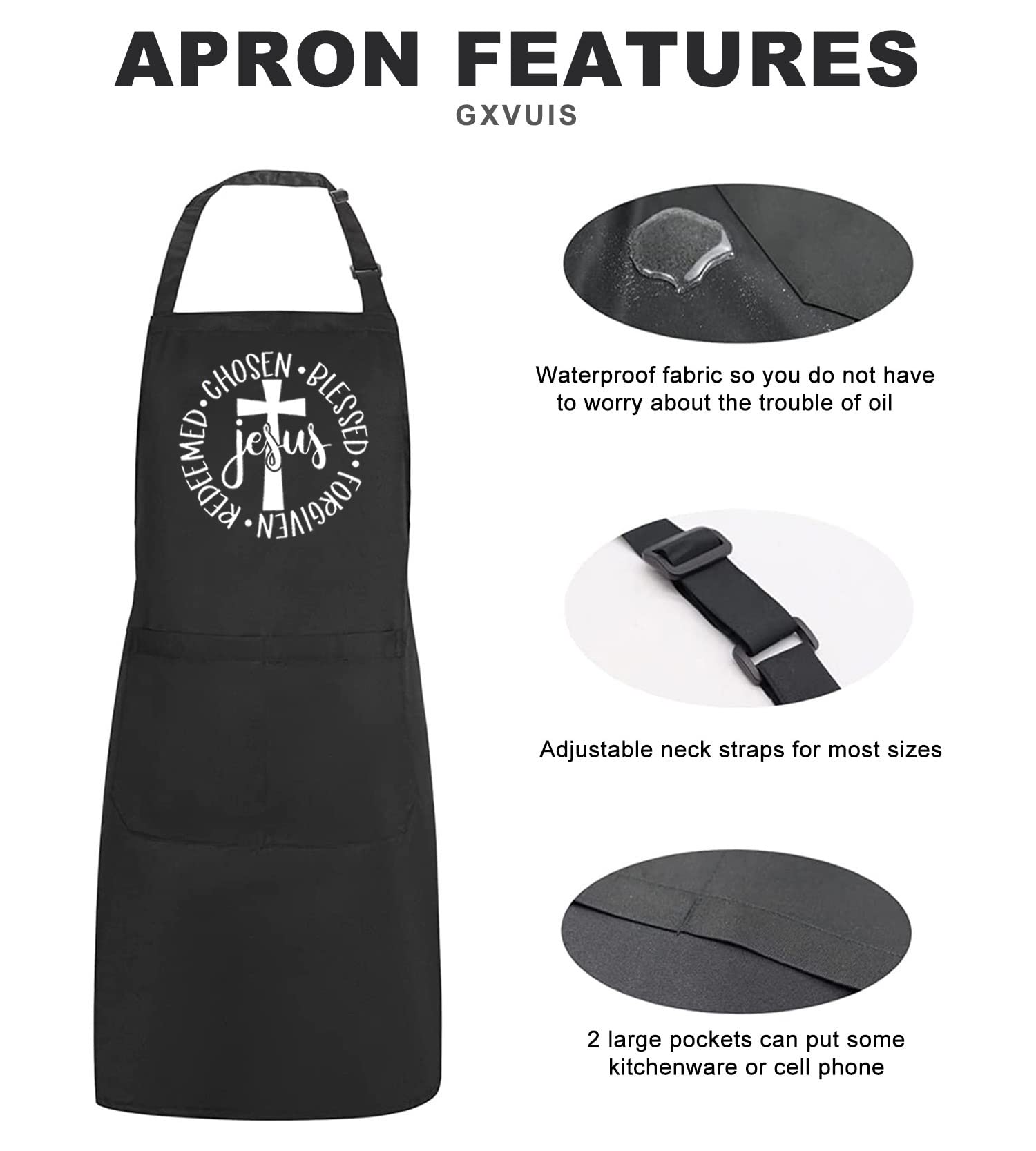 Gxvuis Jesus Apron For Women With 2 Pockets Christian Cross Waterproof Adjustable Bib Apron For Kitchen Cooking Bbq Grilling Bla