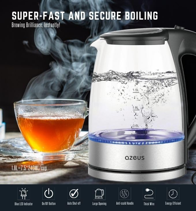 Azeus 1.8L Electric Kettle Cx-817 - Fast Boil, Auto Shut-Off, Boil-Dry Protection, 360 Swivel Base - Stainless Steel Water Boile