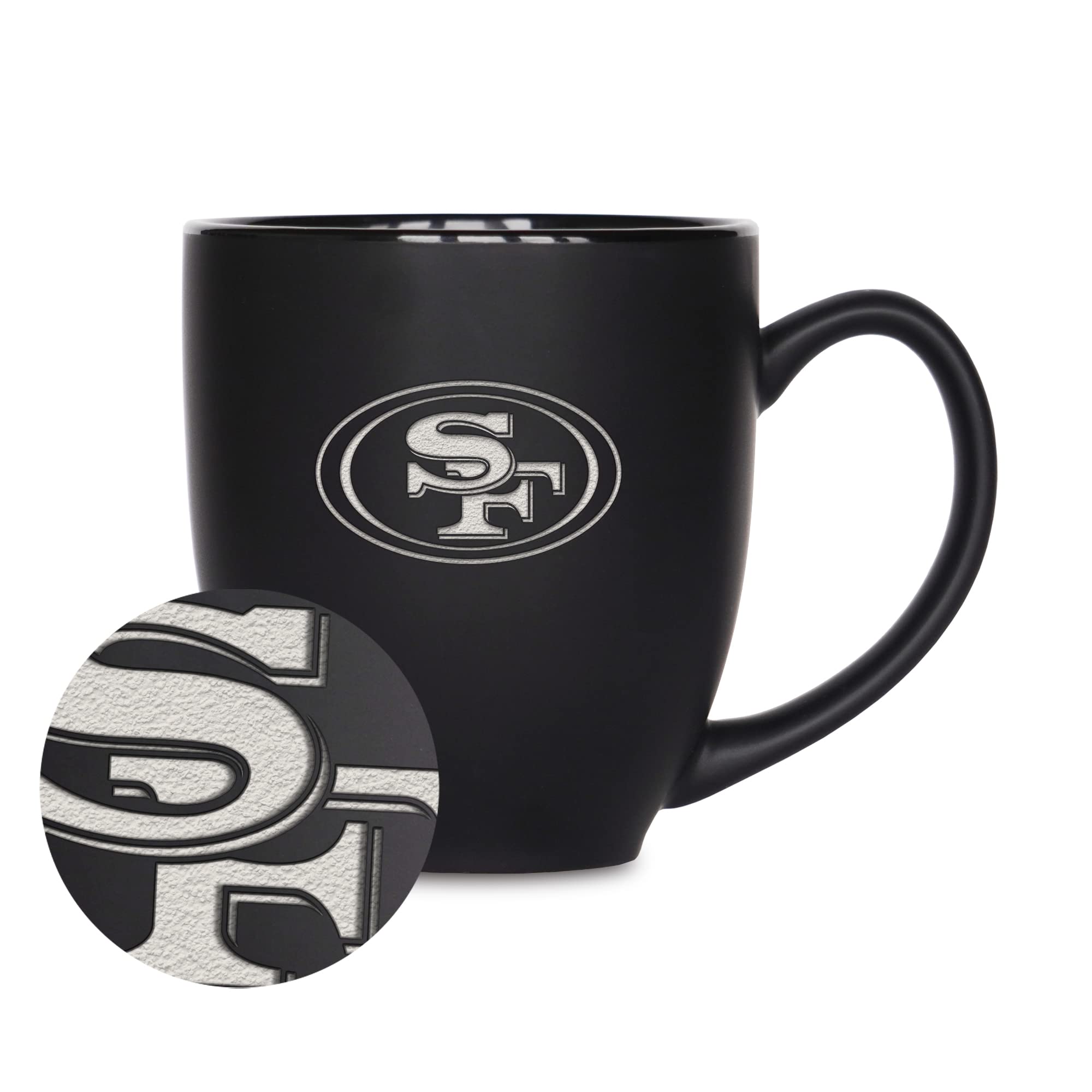 Rico Industries NFL Football San Francisco 49ers Main 15oz Laser Engraved Matte Black Ceramic Bistro Mug - For Hot or Cold Drink