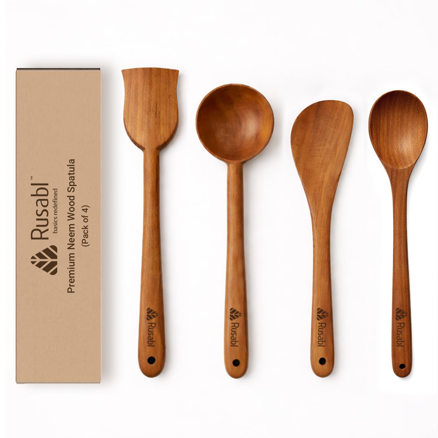 Rusabl Pack Of 4 Neem Wood Spatula For Roti, Spoonula For Curry, Ladle For Soup, Turner/Palta For Dosa, FoodSafe, Handmade, No 