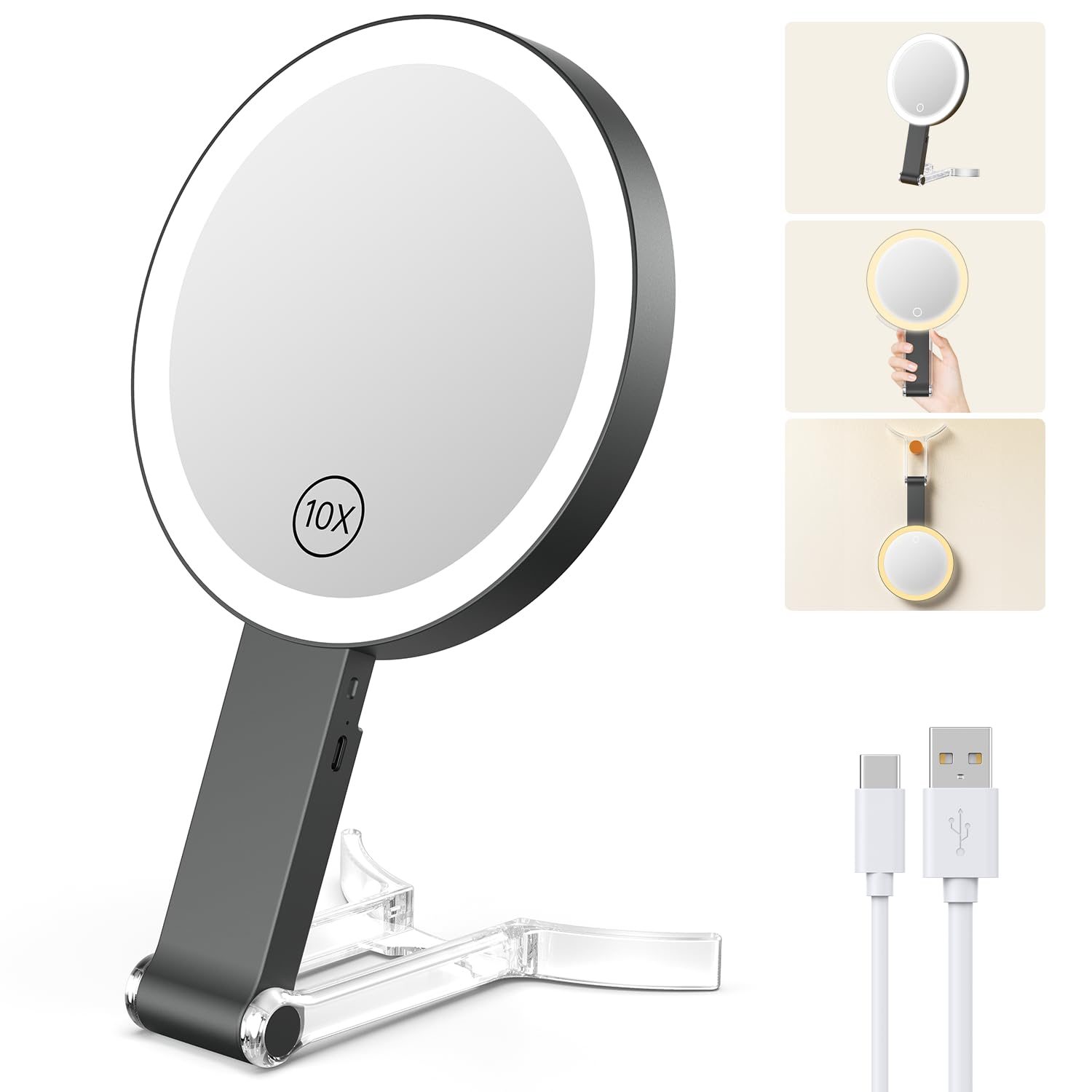 Benbilry Lighted Travel Makeup Mirror With 10X Magnification & 3 Color Lights, Adjustable Brightness & Stand, Tabletop & Hanging