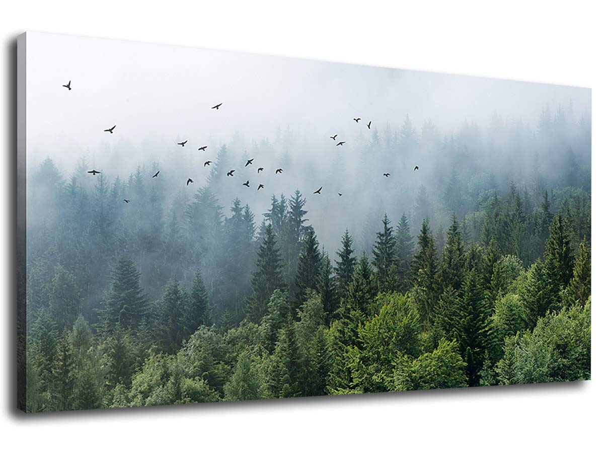 Green Forest Wall Art Tropical Forest Mountain Bird Contemporary Canvas Pictures Modern Artwork Framed For Bathroom Bedroom Nurs
