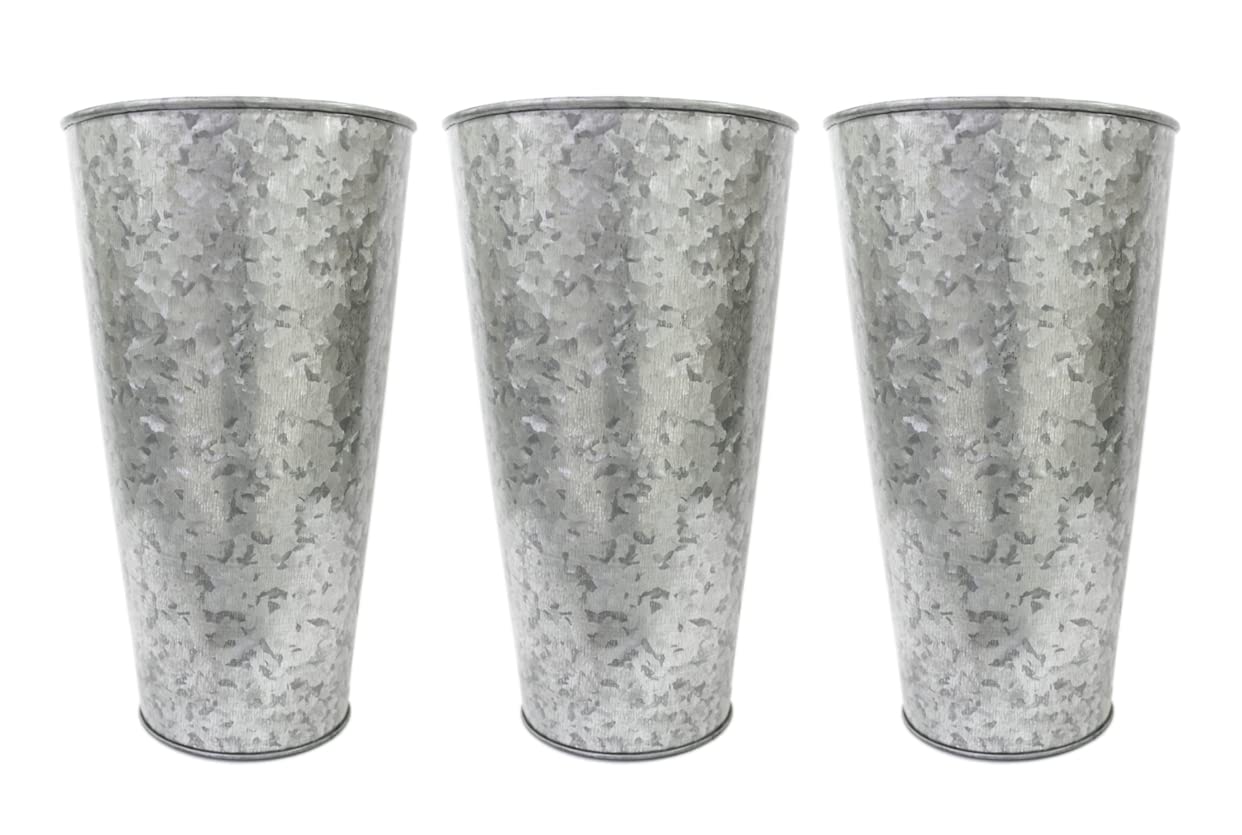Hosley Enhance Your Decor with Set of 3 Galvanized Vases/French Buckets - 9 High Rustic Metal Flower Containers for Farmhouse Ch