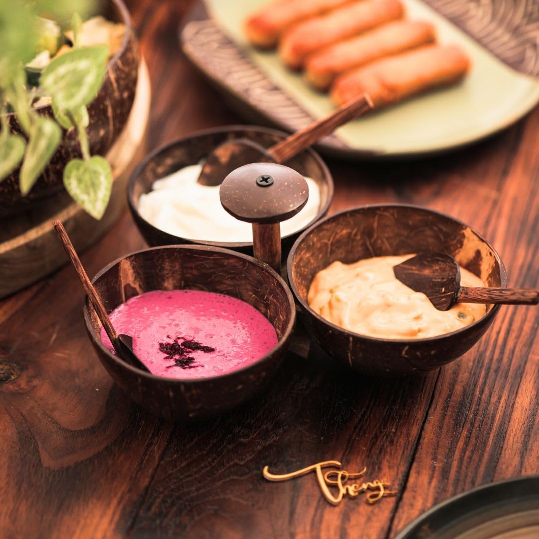 Thenga Coconut Shell Three Bowl Serving Set With 3 Spoons | Handmade & EcoFriendly Wooden Bowls | Perfect For Serving Desserts,