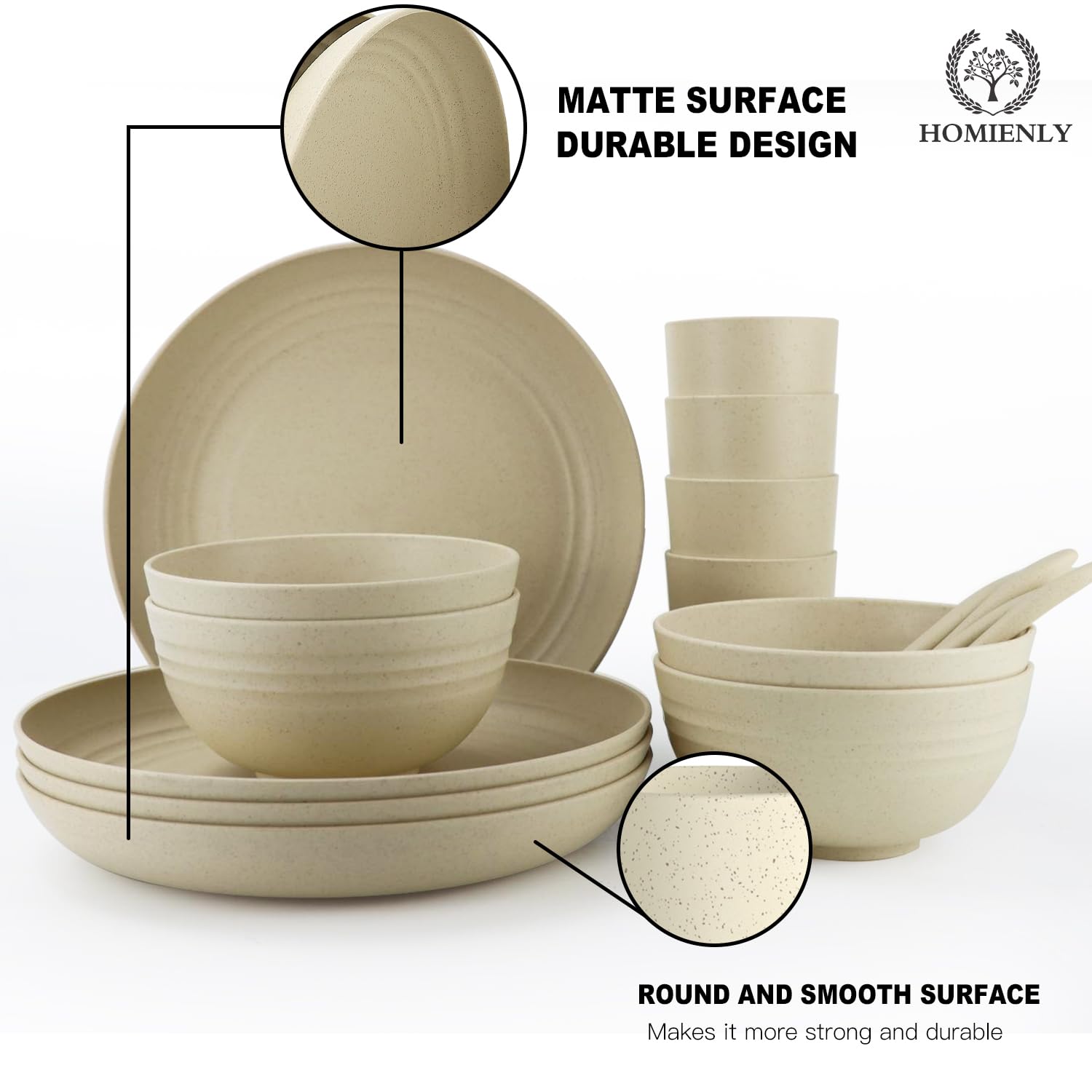 Homienly Wheat Straw Dinnerware Sets, 20Pcs Lightweight Unbreakable Dinnerware, Microwave Dishwasher Safe Bowls Cups Forks Spoon