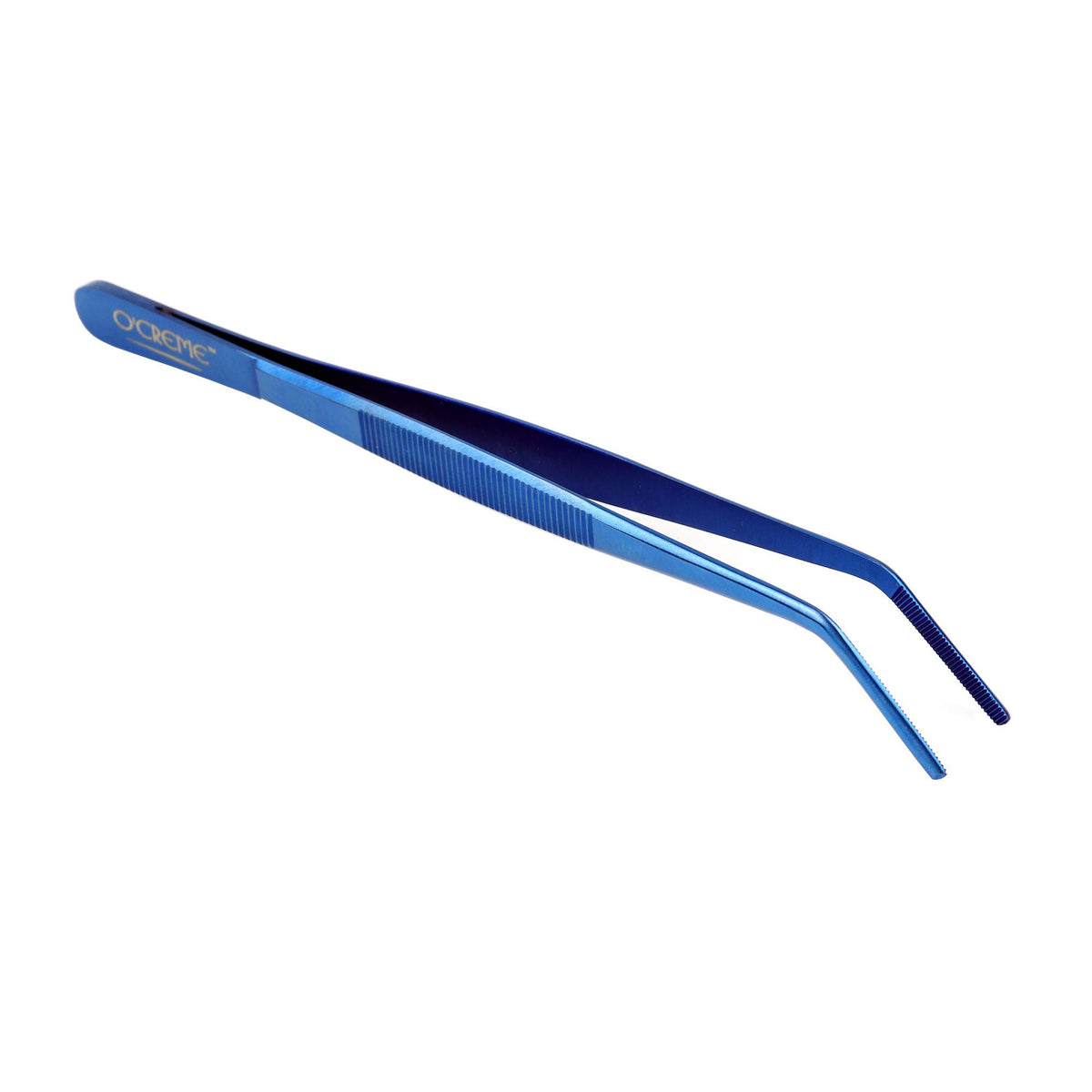 O'Creme Stainless Steel Precision Kitchen Culinary 8 Inch Tweezer Tongs (8'' Curved, Blue)