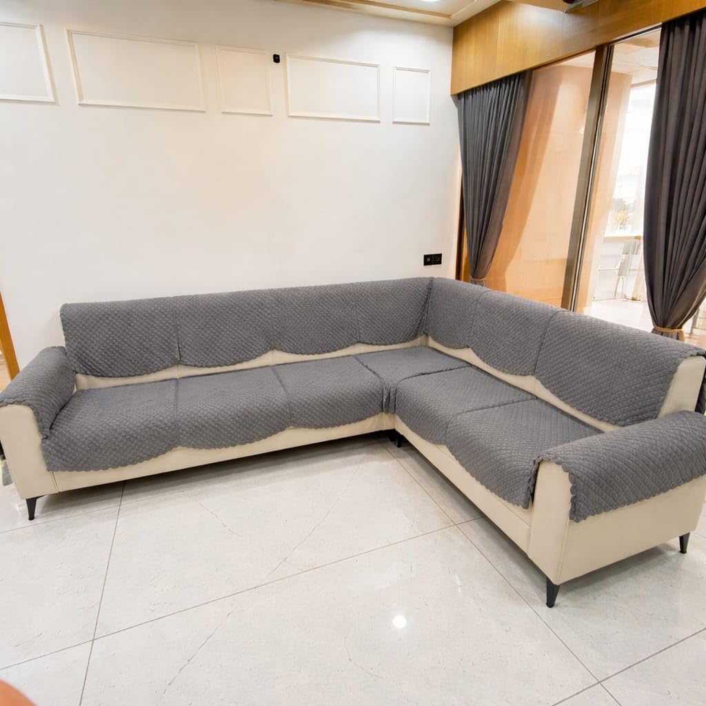 Blush And Bloom 7 Seater L Shape Self Design Velvet Quilted Sofa Cover And Chair Cover, Seat And Back Cover -Pack Of 14 (Dark Gr