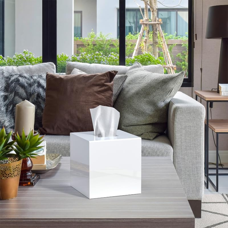 Pitbvo Acrylic Tissue Box Cover, White Square Tissue Box Holder, Facial Napkin Dispenser For Bathroom Kitchen Bedroom Office