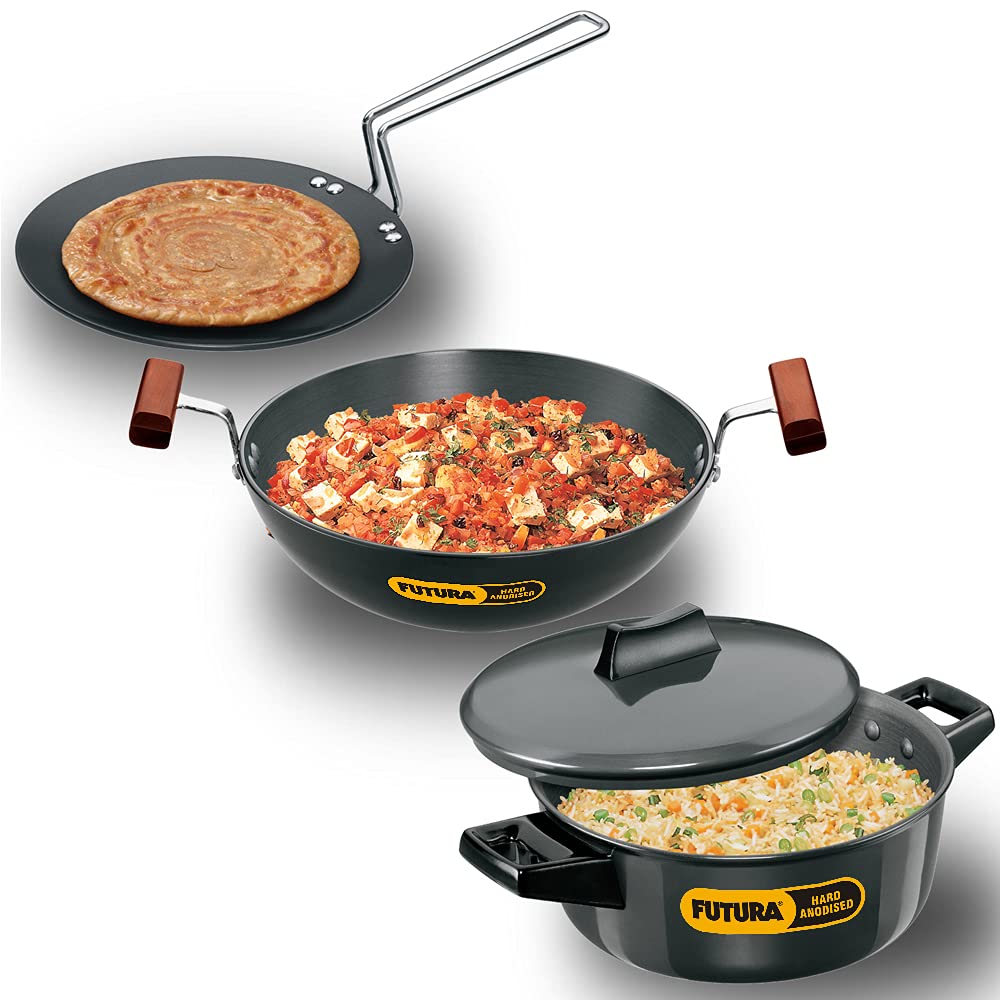 Hawkins Futura 3 Pieces Cookware Set 4 - Hard Anodised Tava, Kadhai, Cook-N-Serve Bowl With One Hard Anodised Lid, Black (Aset4)