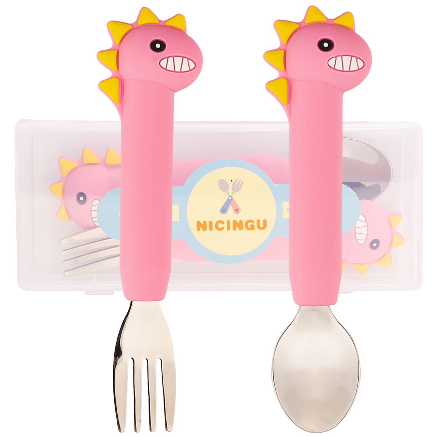 NICINGU Toddler Utensils,Baby Spoons Fork Sets,Kids Silverware with Silicone Handle,Dinosaur Toddler Spoons Forks-Pink