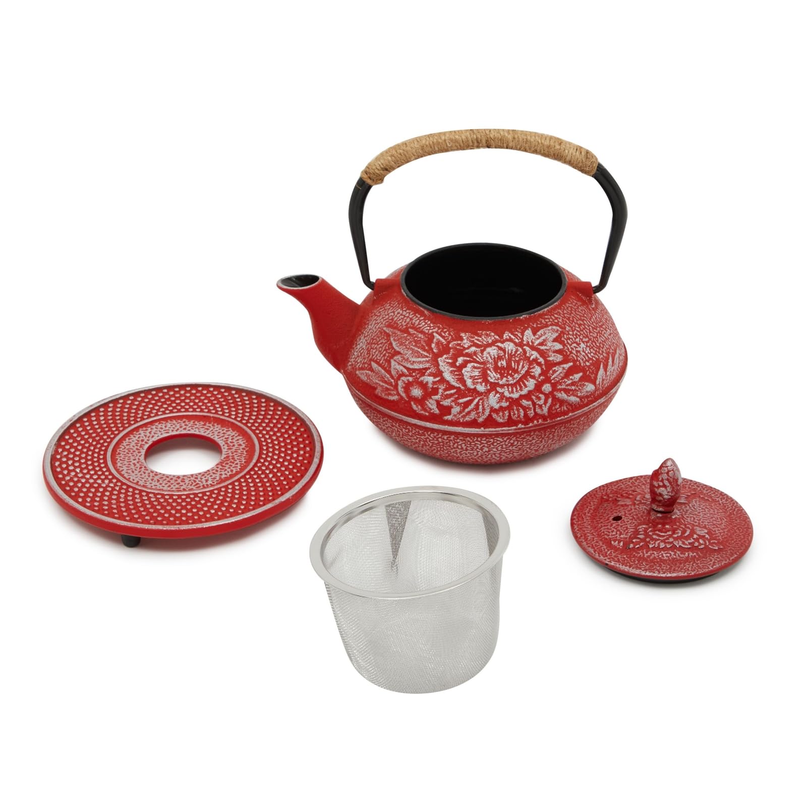 Juvale 3 Piece Set White Japanese Cast Iron Teapot - Loose Leaf Tetsubin With Handle, Stainless Steel Infuser, And Trivet (27 Oz