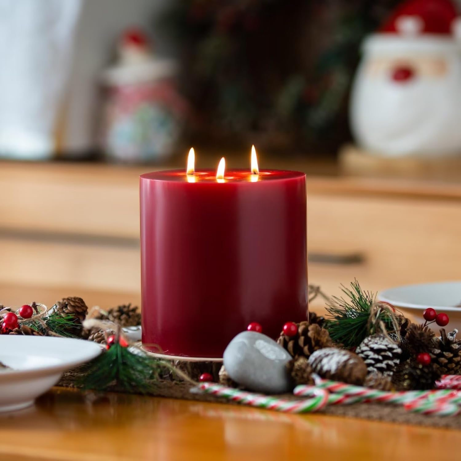 Stone & Feather (SnF), Paraffin Wax, Unscented Red Pillar Candle, 3 Wick, Large Size- 6X6, Long Burnig Time- 200 Hours,for Home