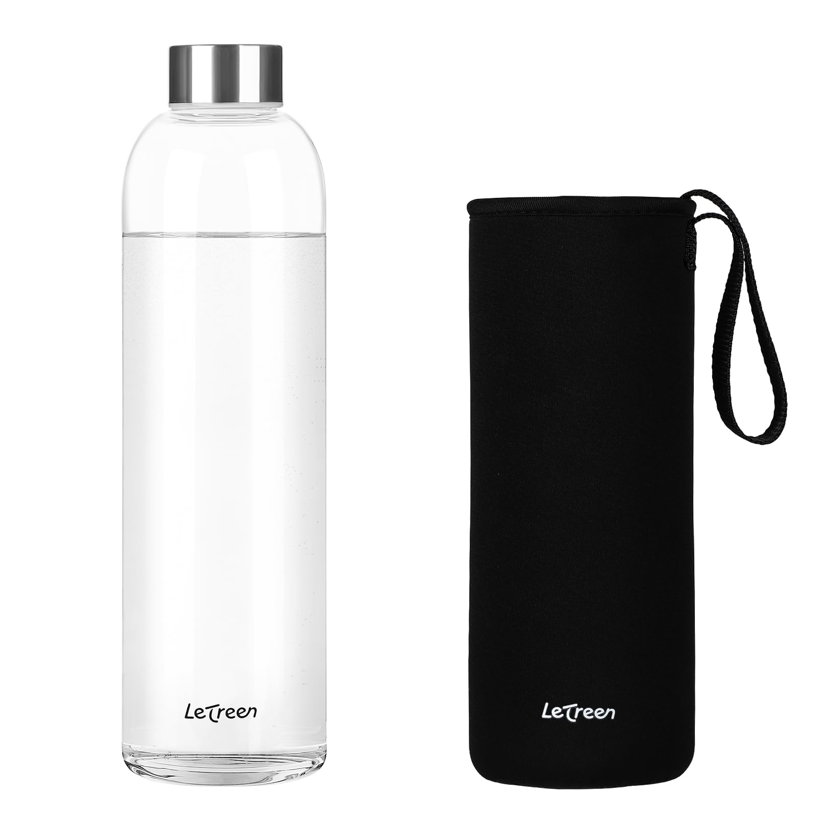 LETREEN Glass Water Bottle 32 oz, Borosilicate Glass Water Bottle with Neoprene Sleeve, BPA-Free Leak Proof Reusable for Hot Col