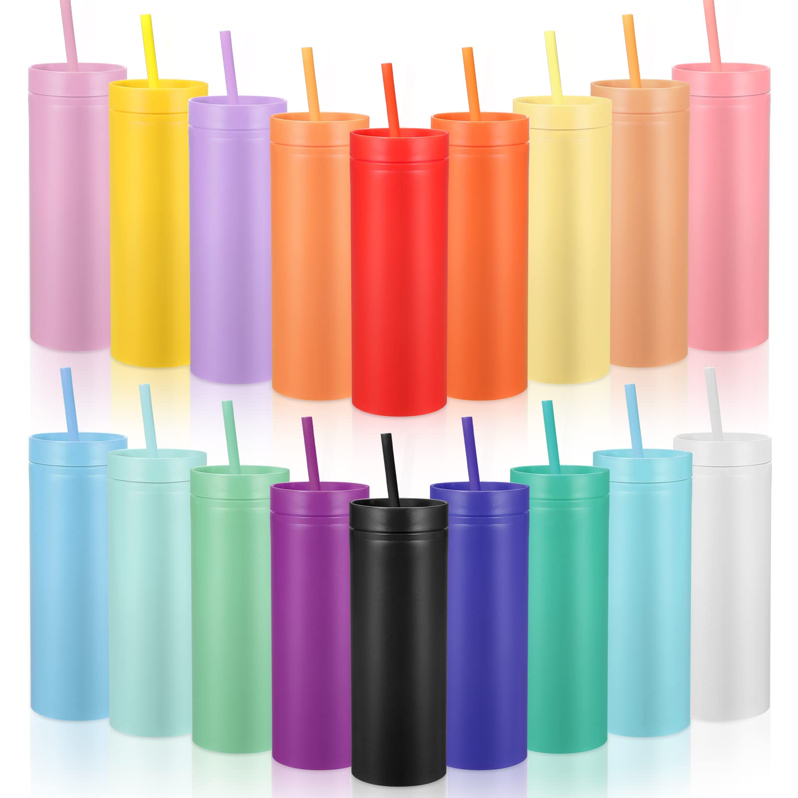 18 Pieces Skinny Acrylic Tumbler with Lid and Straw 16 oz Matte Cups Double Layer Plastic Tumbler Cups Vinyl Customized DIY Gift
