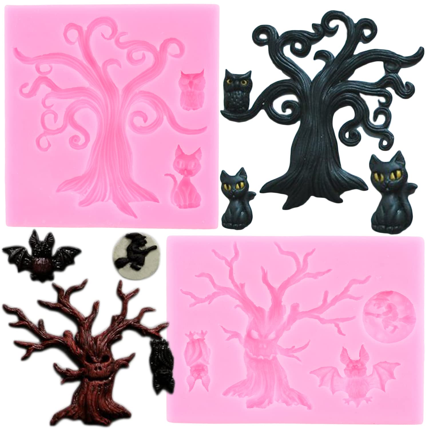 Mujiang Halloween Tree Cat Owl Silicone Mold Witch Bat Fondant Mold For Cake Decorating Candy Chocolate Polymer Clay Gum Paste S