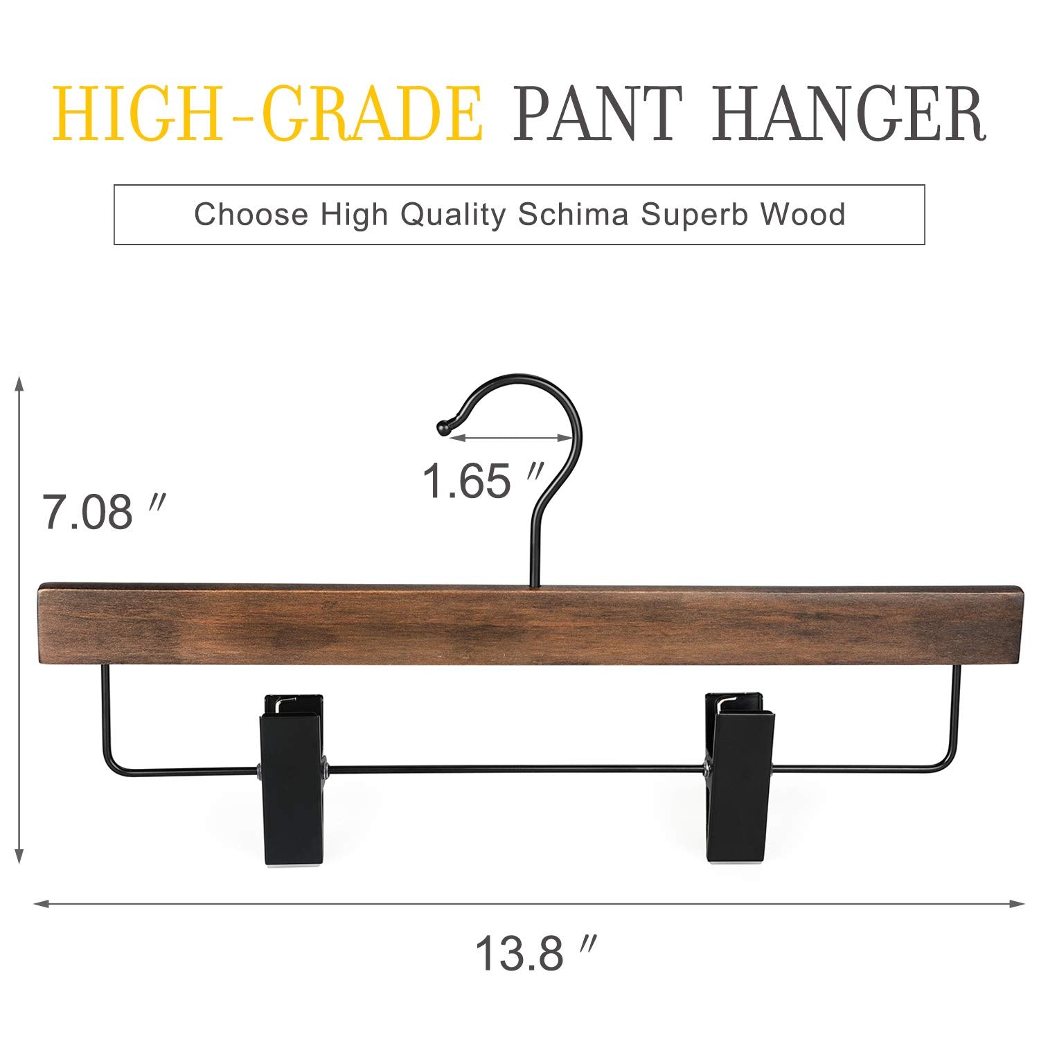TOPIA HANGER Pants Hangers  Wooden Skirt Hangers with Adjustable Metal Clips  Premium Retro Finish and 360Swivel Black Hook  Jean Hangers for Closet 10 Pack  CT03A