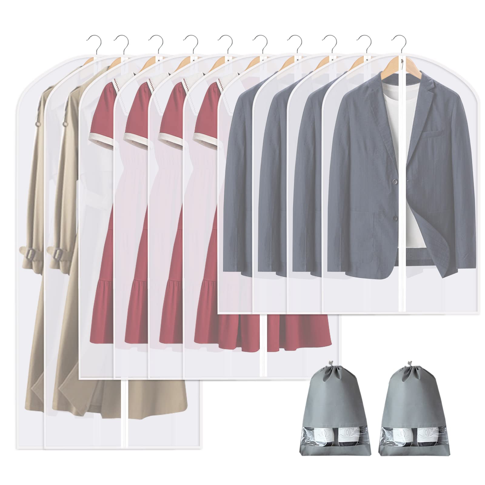 Perber 10 Packs Garment Bags For Hanging Clothes, Translucent Suit Bags For Closet Storage, Plastic Waterproof Suit Cover Bags W