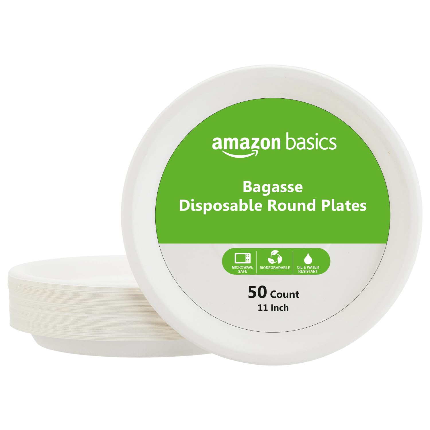 Amazon Basics Bagasse Disposable Round Plates | 11 Inch  Pack Of 50 | Biodegradable | LeakResistant | Hot & Cold Food Safe | E