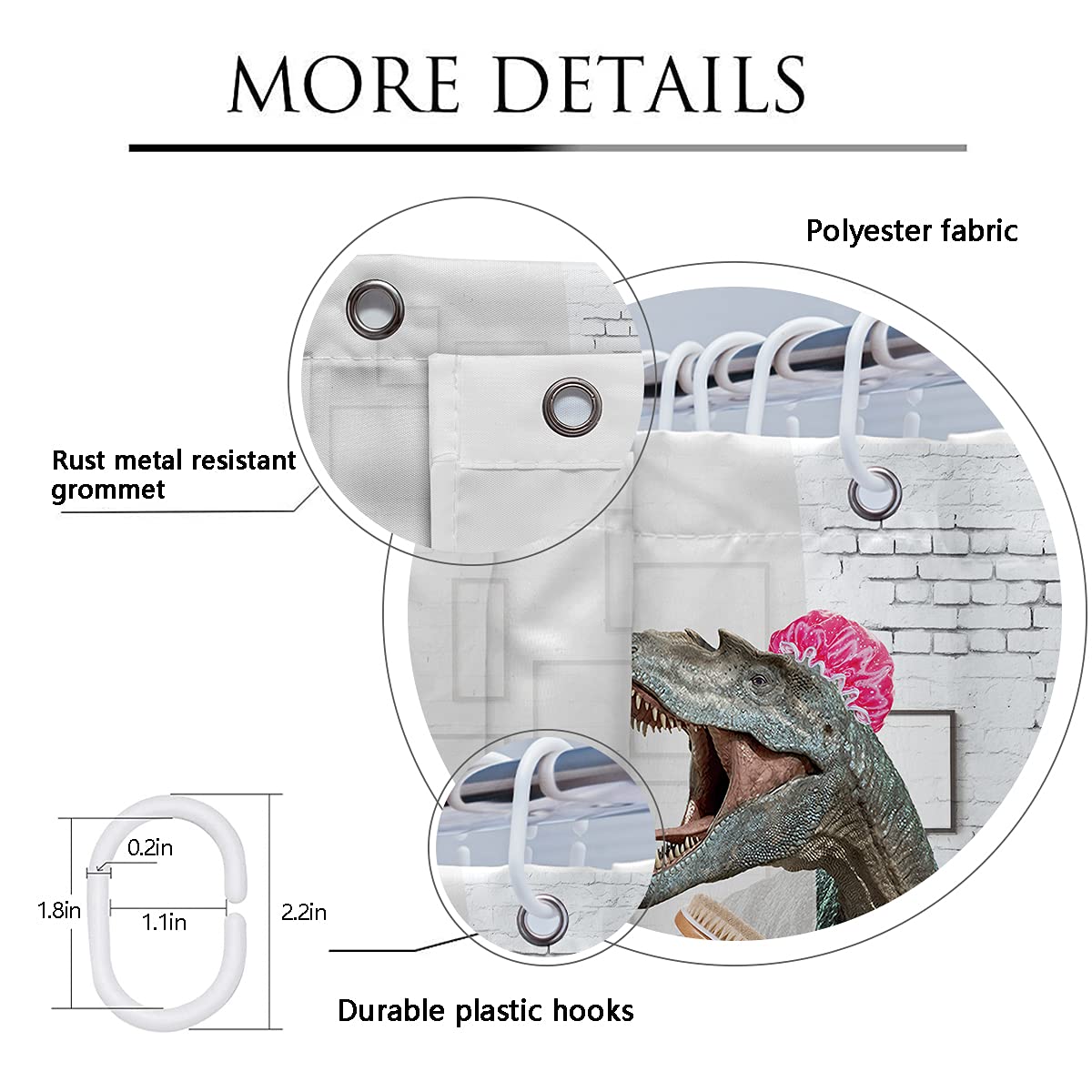 Coxila Funny Dinosaur Shower Curtain Dino Kid Cute Cartoon Children Animal Monster Fun Girl Boy White And Grey 60X72 Inch Polyes