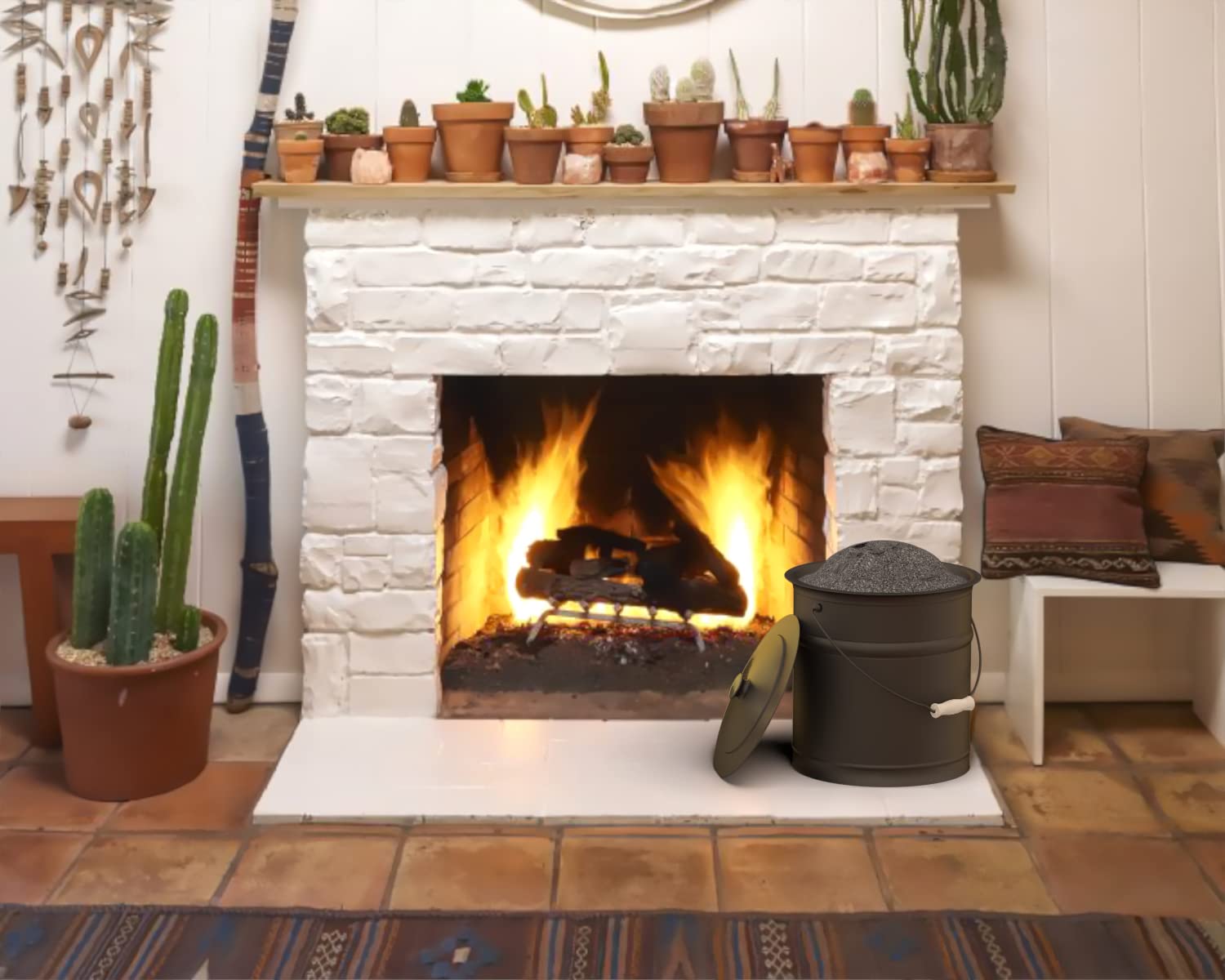 Plow & Hearth 3 Gallon Black Large Ash Bucket With Lid And Wood Handle | 28 Gauge Galvanized Iron Metal | Double Bottom | Tool F