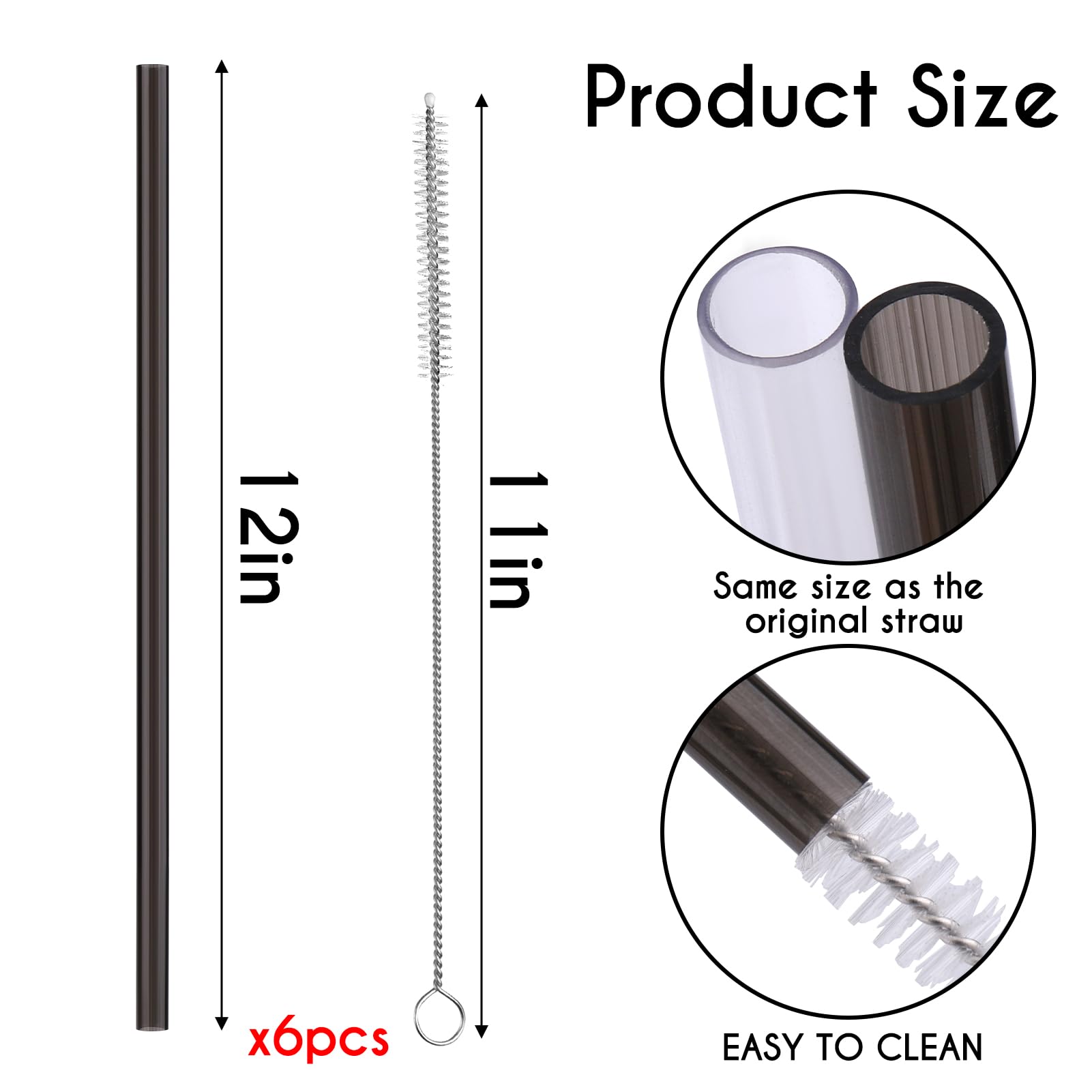 AIERSA 6Pcs Replacement Black Straw for Stanley 40oz Cups Plastic Reusable Straw for Stanley Quencher H2.0 FlowState Tumbler  Long Straws with Cleaning Brush for Stanley Cup Accessories