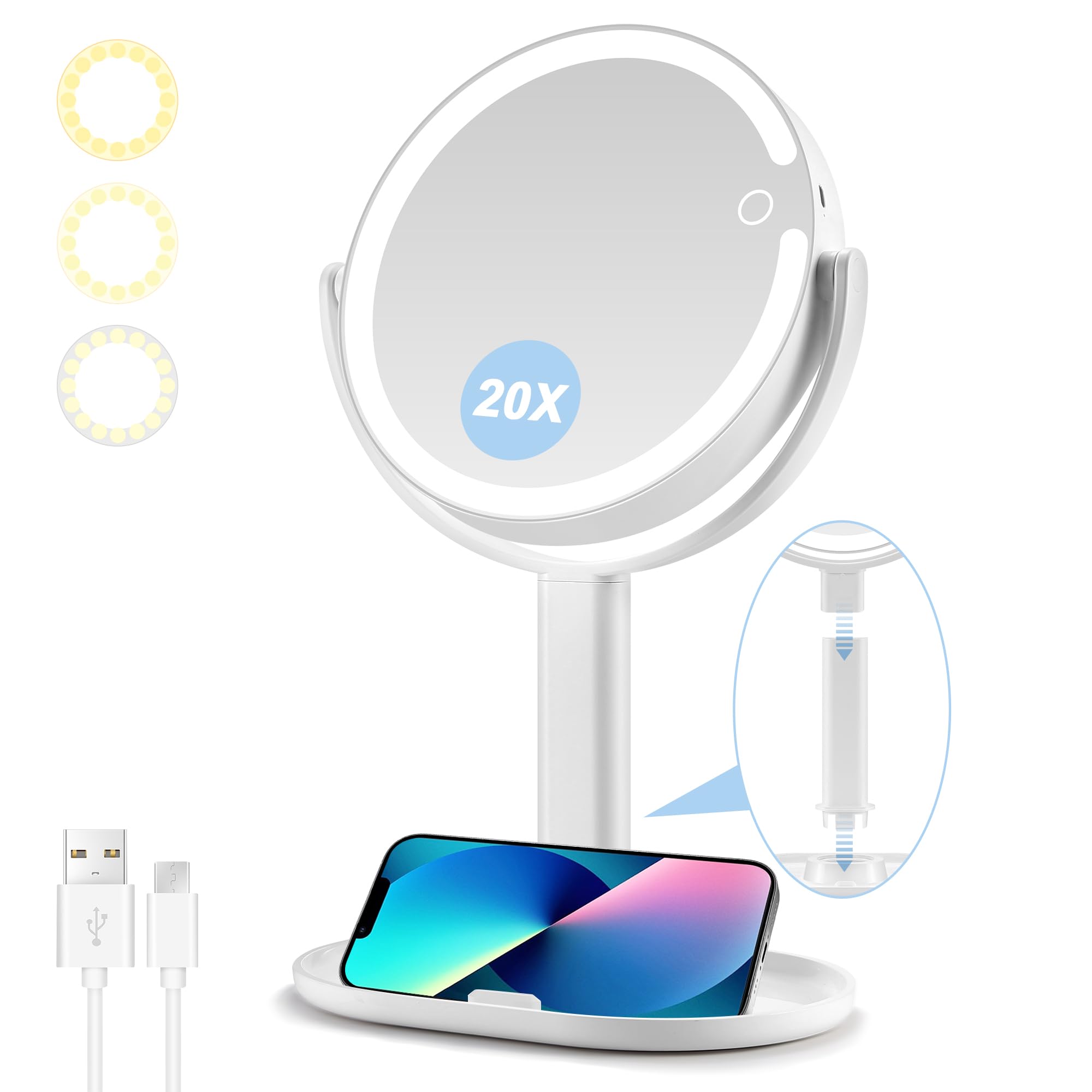 Lighted Makeup Mirror, 20X Magnifying Mirror With Light And Adjustable Brightness, Vanity Mirror With 3 Color Light, 2-Sided Tab