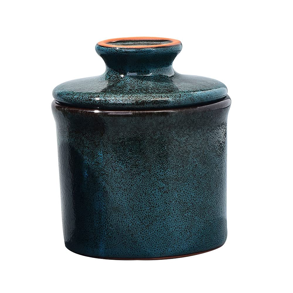 Teapeak Pottery Butter Keeper Crock - Ceramic Butter Dish With Water Line For Countertop, Keep Butter Fresh, Blue