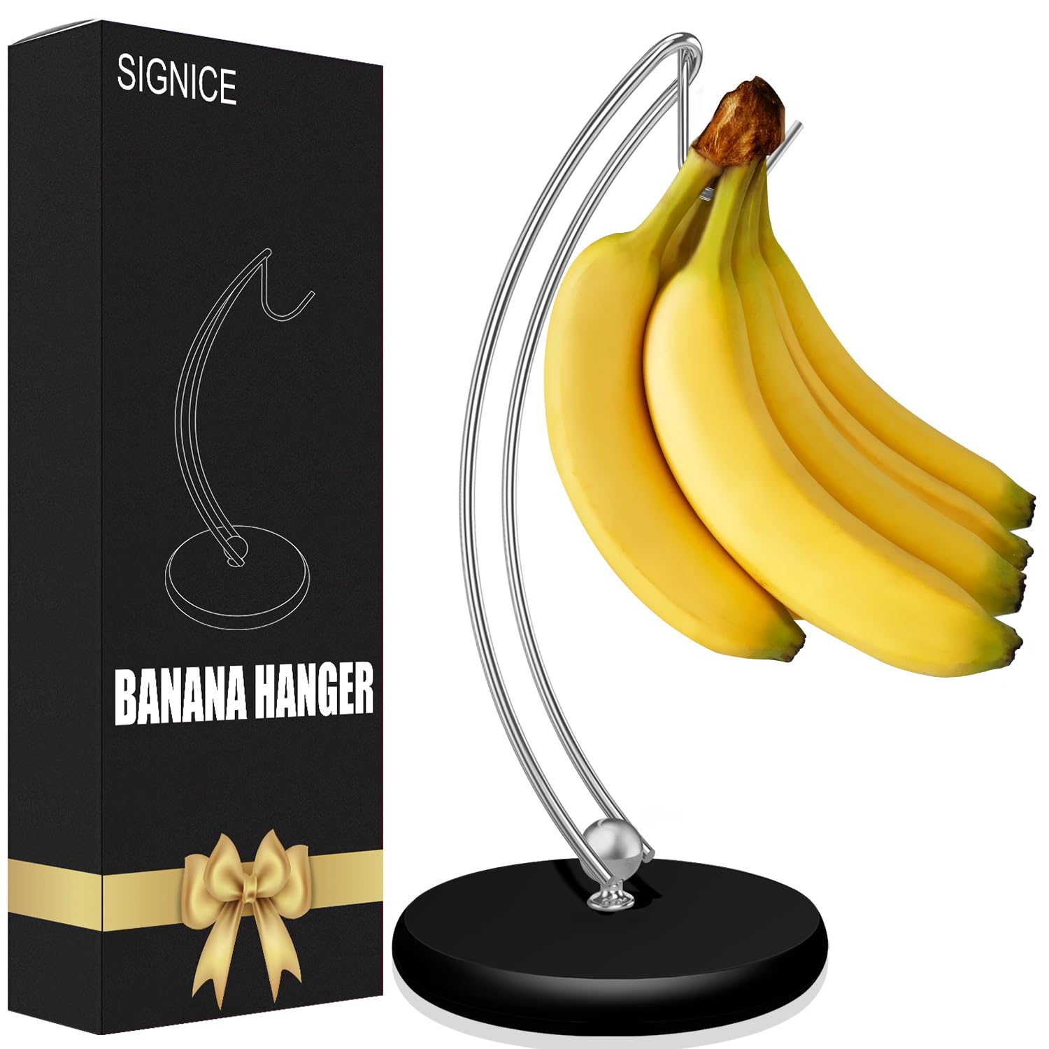 Signice Banana Holder Stand - Newest Patented Modern Banana Tree Hanger with Wood Base Stainless Steel Banana Rack for Home Kitc