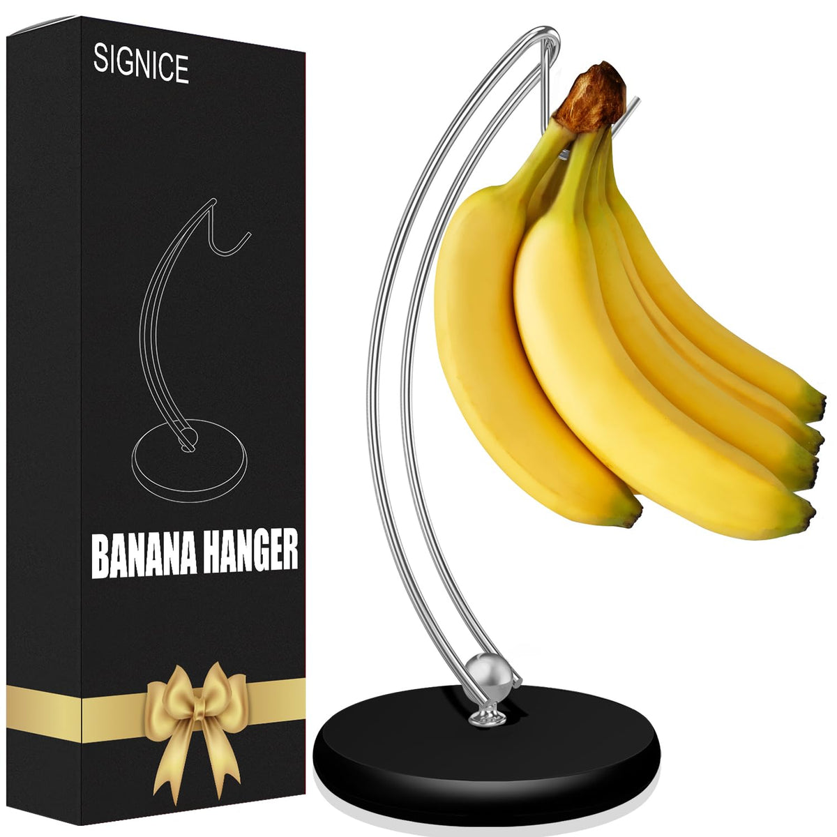 Signice Banana Holder Stand - Newest Patented Modern Banana Tree Hanger with Wood Base Stainless Steel Banana Rack for Home Kitc