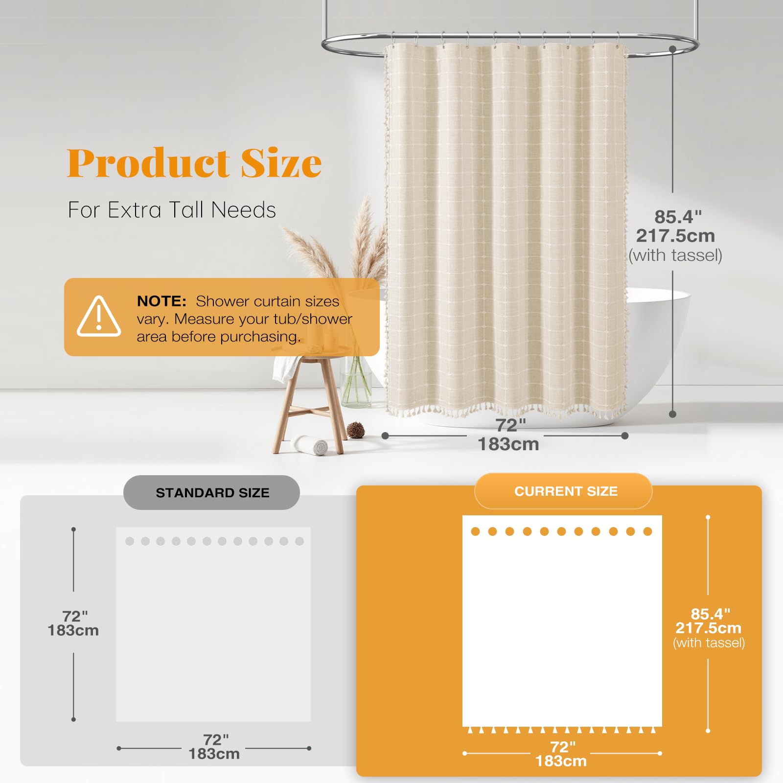 BTTN Extra Long Shower Curtain  72x84 Inch Long Boho Tassel Linen Fabric Shower Curtain Set with Plastic Hooks  Tall Modern Farmhouse French Country Chic Cloth Shower Curtain for Bathroom  Cream/Beige
