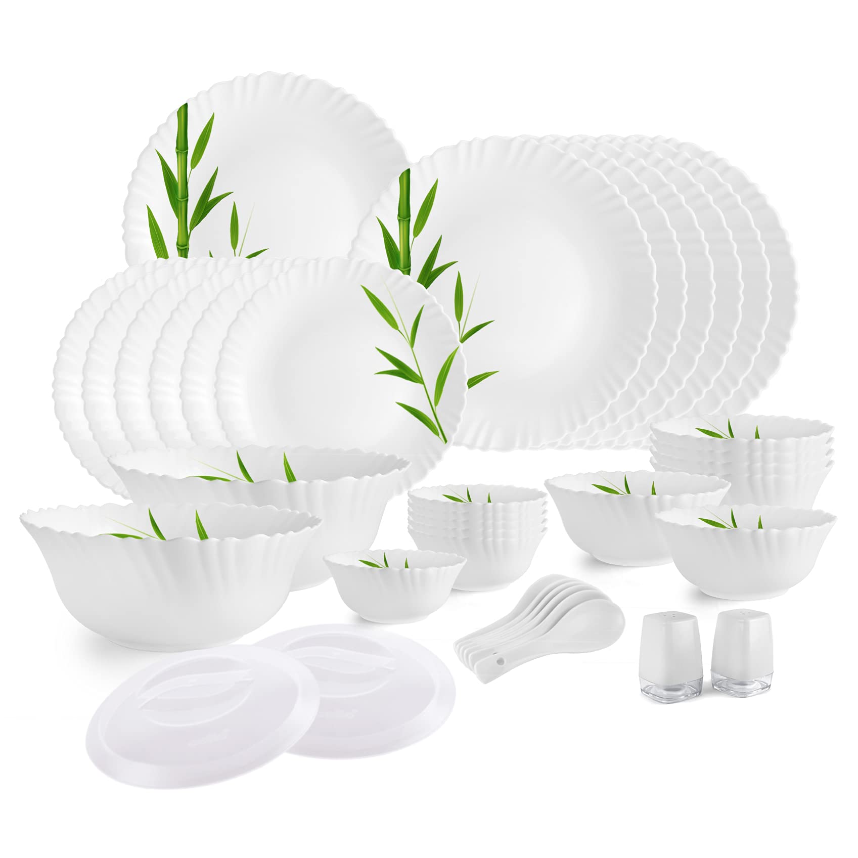 Cello Bamboo Groove Dazzle Series Opalware Dinner Set, 37 Pieces, Service For 6, White, Extra Large