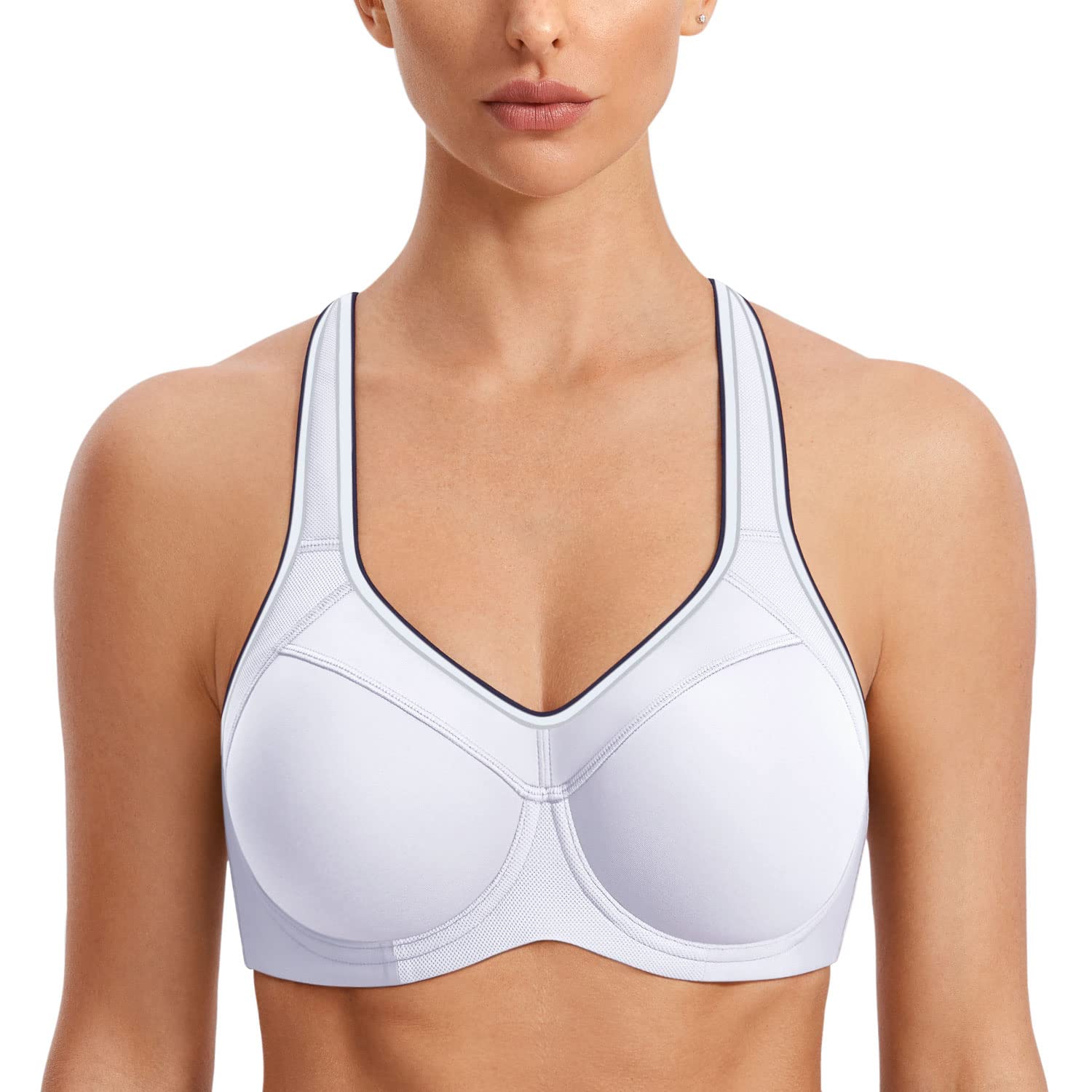Syrokan Womens Full Support High Impact Racerback Lightly Lined Underwire Sports Bra White 36B
