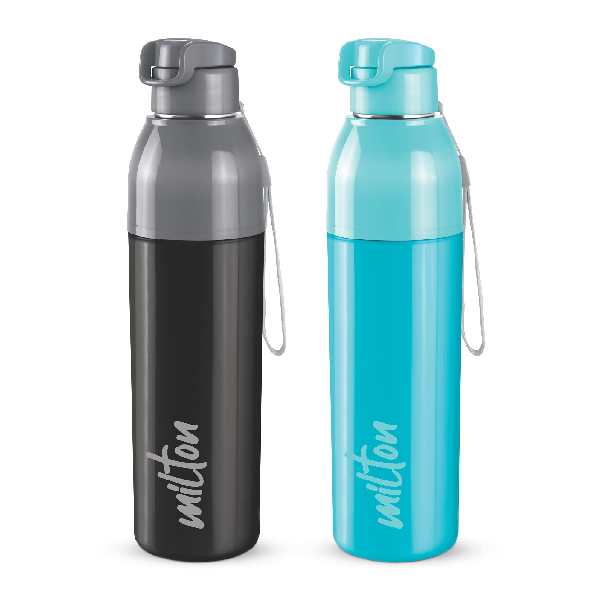 Milton Steel Convey 900 Insulated Inner Stainless Steel Water Bottle,Set of 2, 630 ml Each, Black, Cyan | Leak Proof | BPA Free 