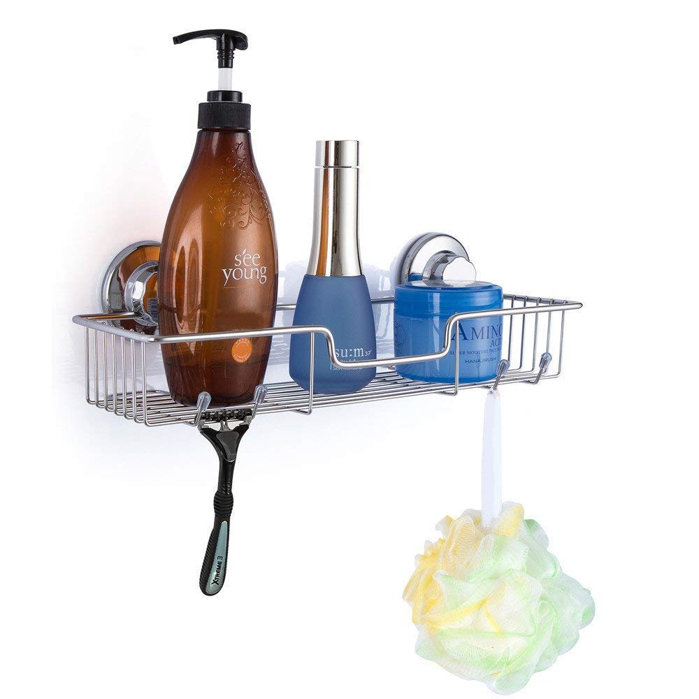 Sanno Suction Cup Shower Caddy With Hooks,Powerful Suction Cup Bathroom Shower Caddies,Bath Shelf Storage Combo Organizer Basket