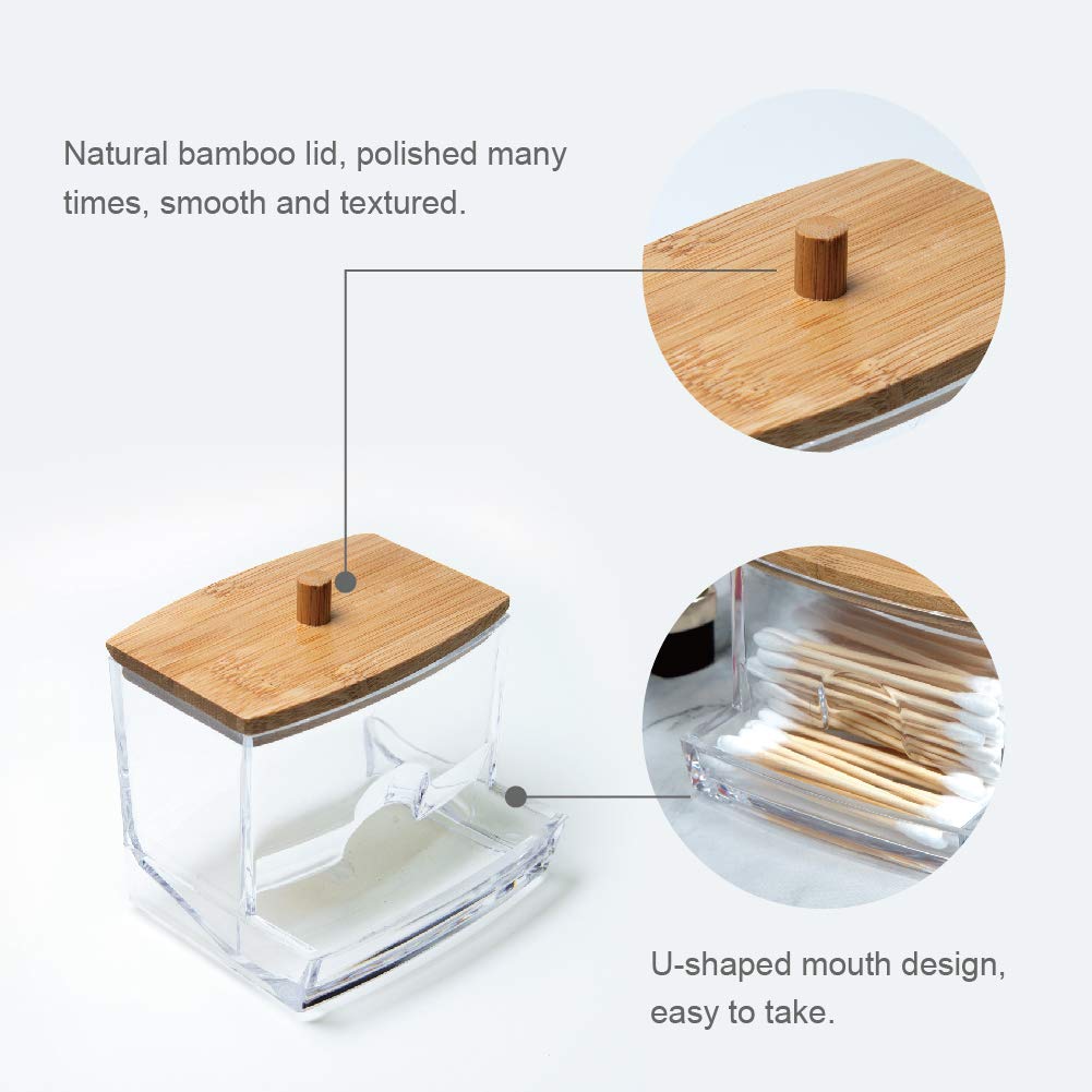Nagu Acrylic Qtip Holder With Bamboo Lid, Clear Small Cotton Swab Dispenser, Plastic Ear Stick Swabs Holder, Square Toothpick St