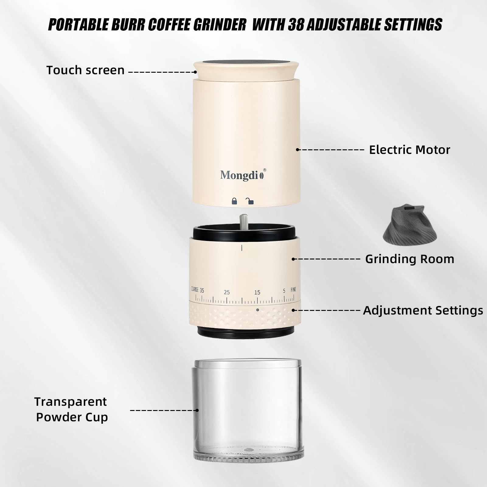 Mongdio Portable Electric Burr Coffee Grinder With 38 Adjustable Settings, Conical Burr Coffee Grinder With Led Display, Usb Cha