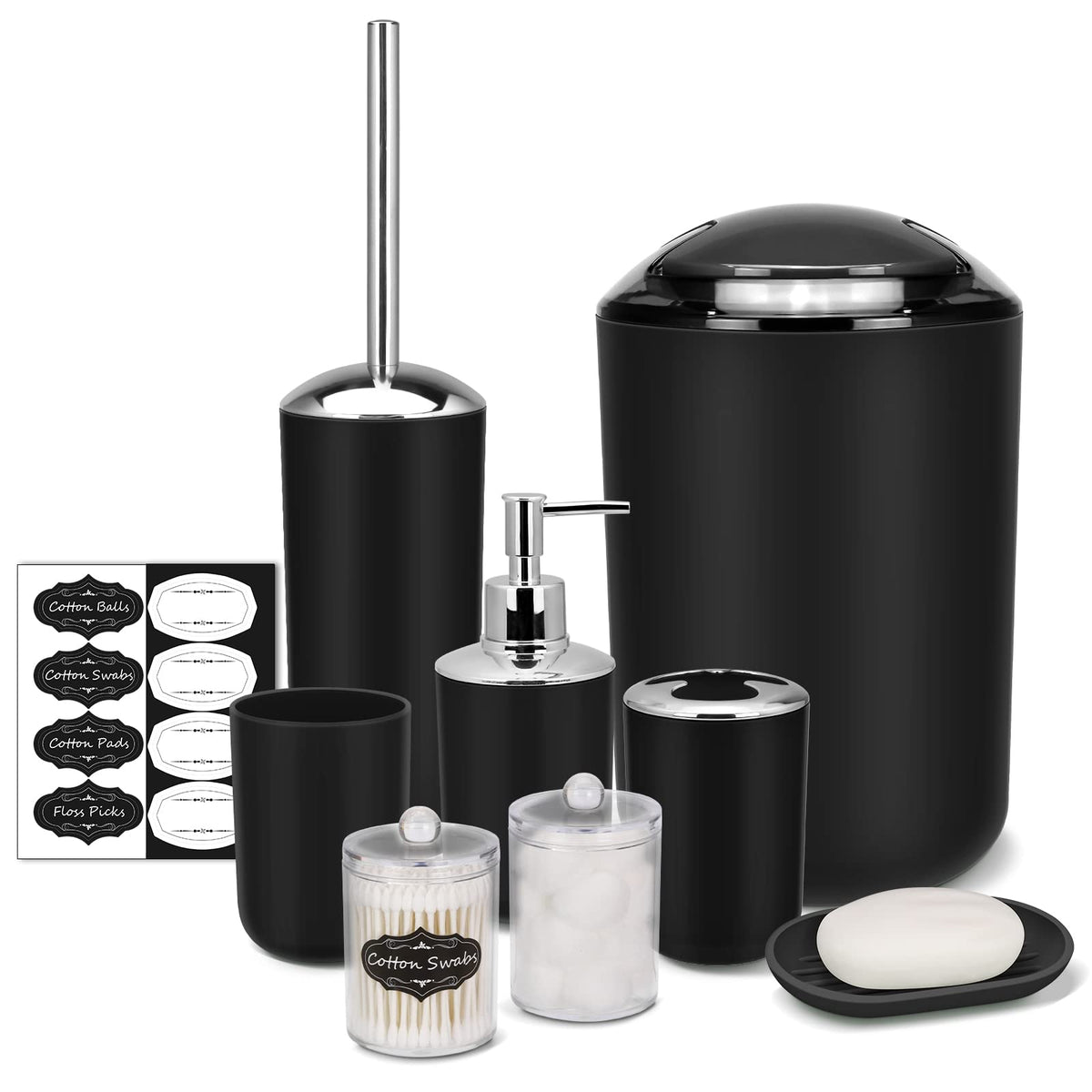 Imavo Bathroom Accessory Set - 8 Pcs Black Bathroom Accessories Set With Trash Can, Soap Dispenser, Soap Dish, Toothbrush Holder