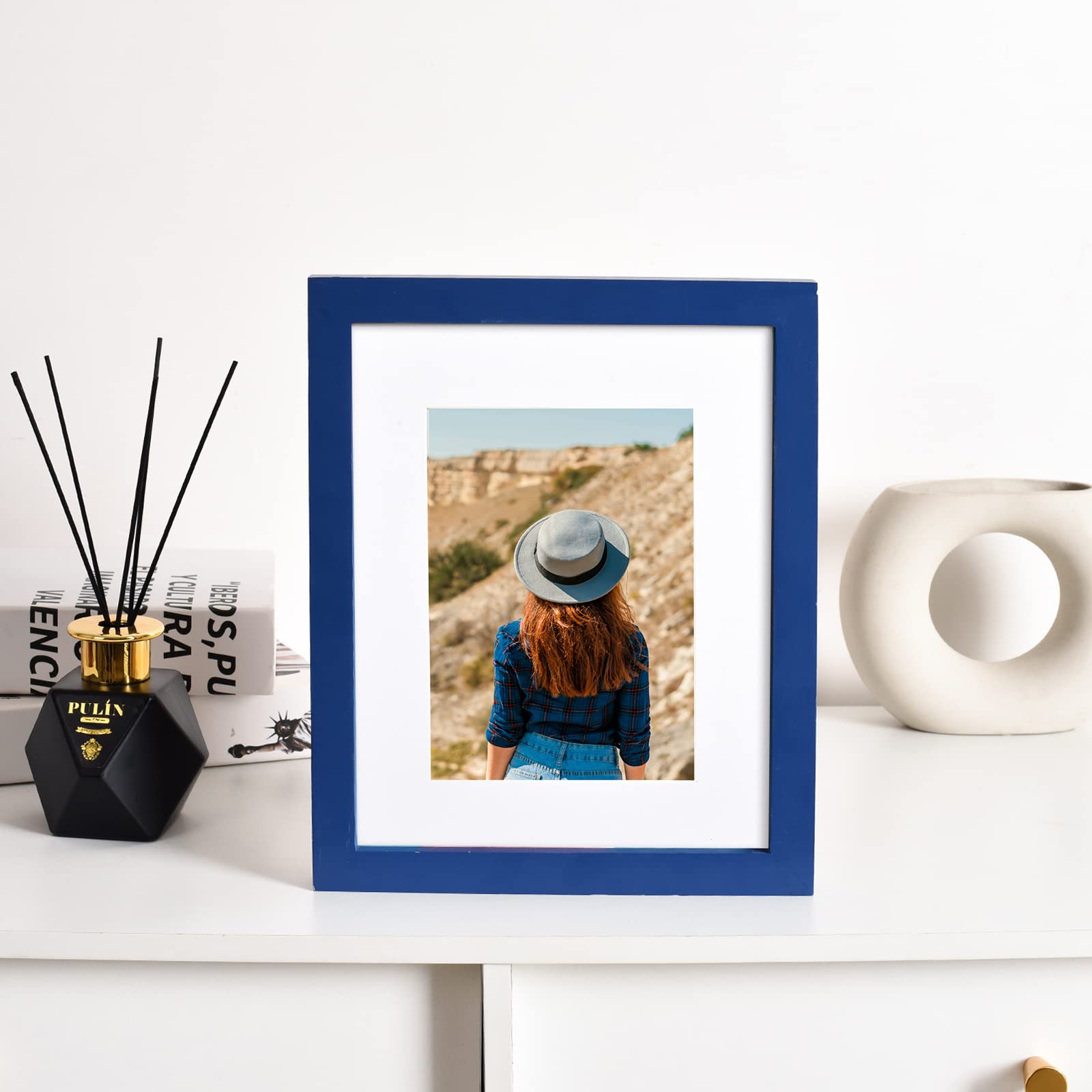 wyooxoo 8x10 Picture Frame Set of 2 Dark blue Made of Solid Wood Photo Frames Display Pictures 5x7 with Mat or 8x10 Without Mat