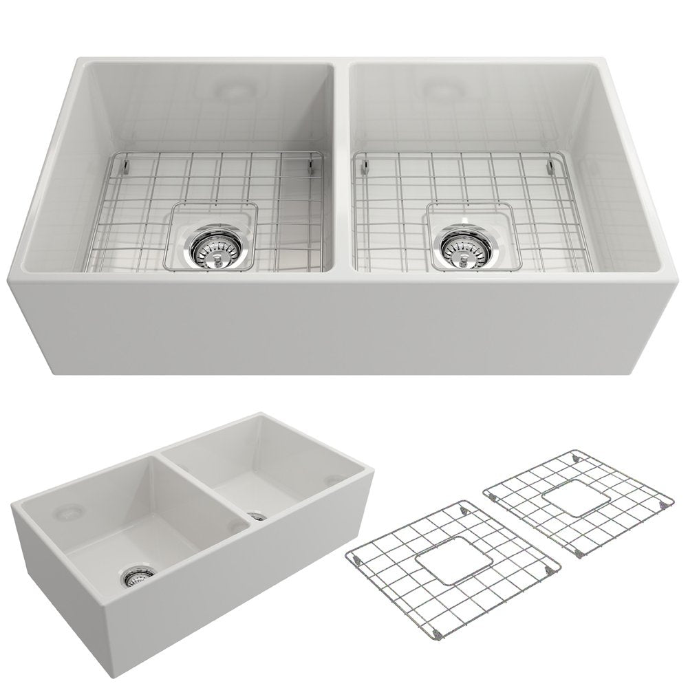 BOCCHI Contempo Farmhouse Apron Front Fireclay 36 in. Double Bowl Kitchen Sink with Protective Bottom Grid and Strainer in White