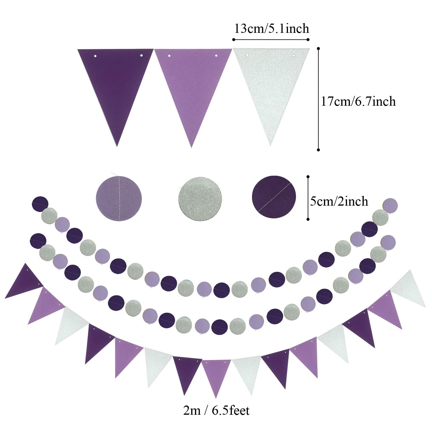 ZERODECO Party Decoration  21 Pcs Purple and Lavender Hanging Paper Fans  Pom Poms Flowers  Garlands String Polka Dot and Triangle Bunting Flags for Birthday Parties  Wedding  Mermaid Party