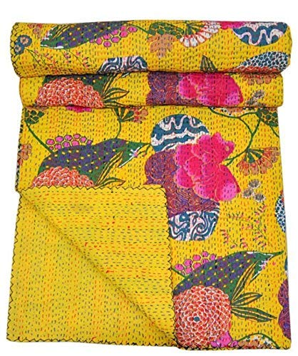 Regmess Jaipuri Quilt Handmade Bed Cover Cotton Kantha Blanket Throw Home Decor Bedspread Bedsheet, Twin Size, Multicolour(60 X 