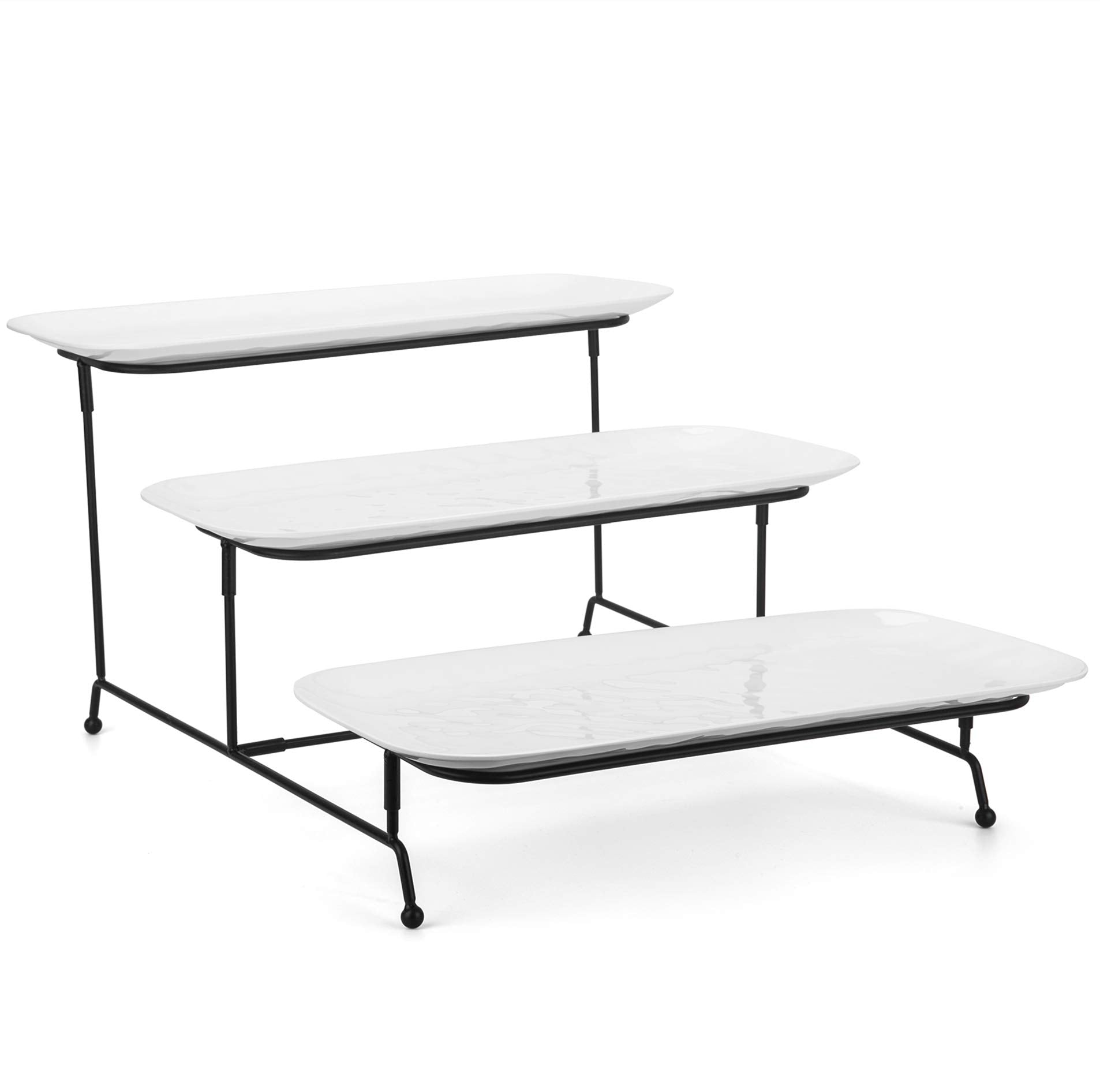 3 Tiered Serving Platter, 3-Piece 14.75'' Melamine Tray And Tier Rack, Rectangular Food Display Stand With White Melamine Platte