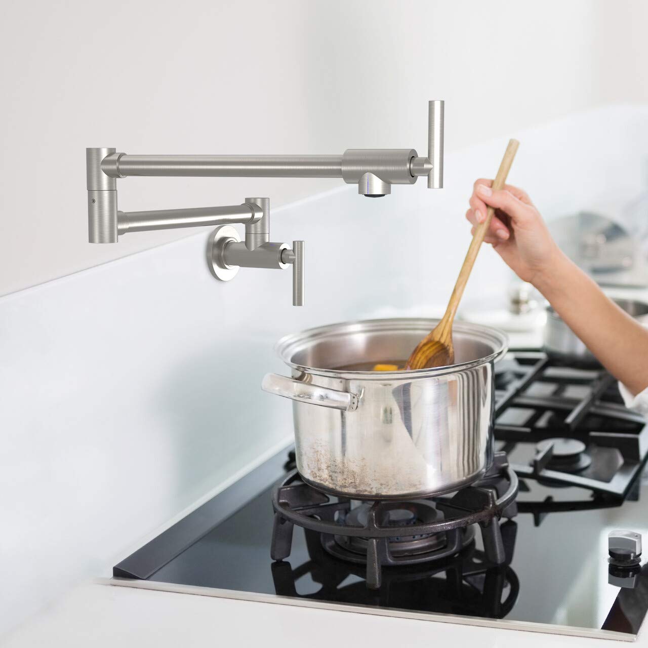 LEPO Pot Filler Faucet  Wall Mount Solid Brass Brushed Nickel Double Joint Swing Arm Folding Kitchen Faucets with Single Hole  2 Handles