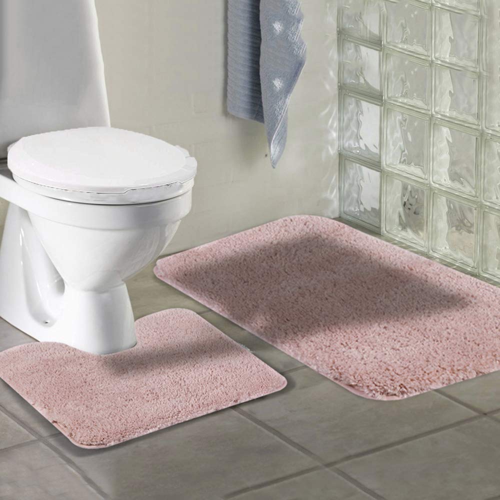 Walensee Shaggy 2 Piece Bath Rug Sets (Dusty Pink) 20 X 24 U Shape Contour Rug & 20 X 32 Bathroom Rug Machine Wash/Dry Bath Mats