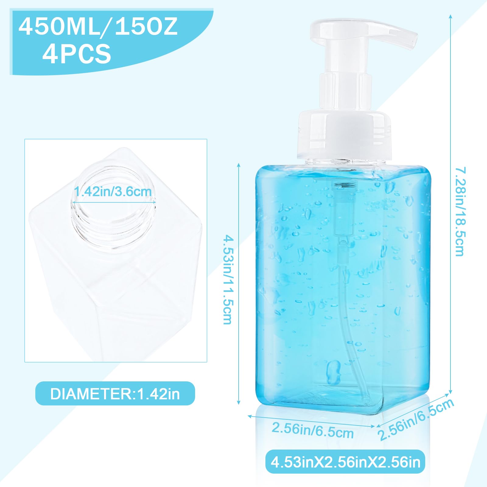 TMLECE TM Foaming Soap Dispenser - Clear Plastic, 15oz/450ml, Square Refillable Pump, 4 Pack for Liquid Soap, Shampoo, Body Wash