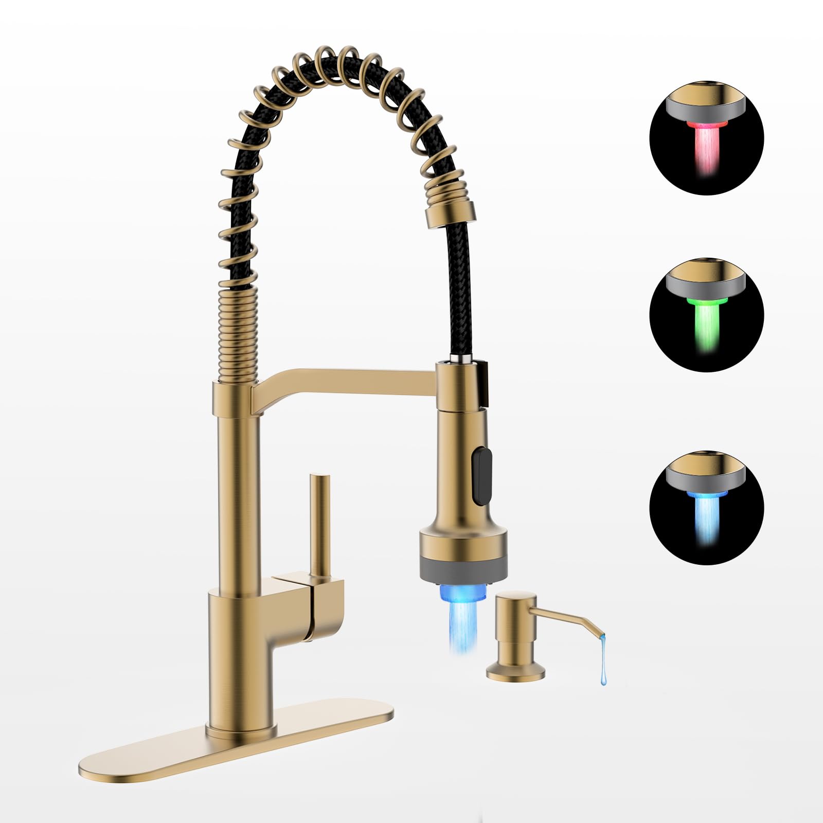 Casavilla LED Kitchen Faucet with Soap Dispenser, Gold Kitchen Faucet, Faucet for Kitchen Sink, Single Handle Stainless Steel Ca